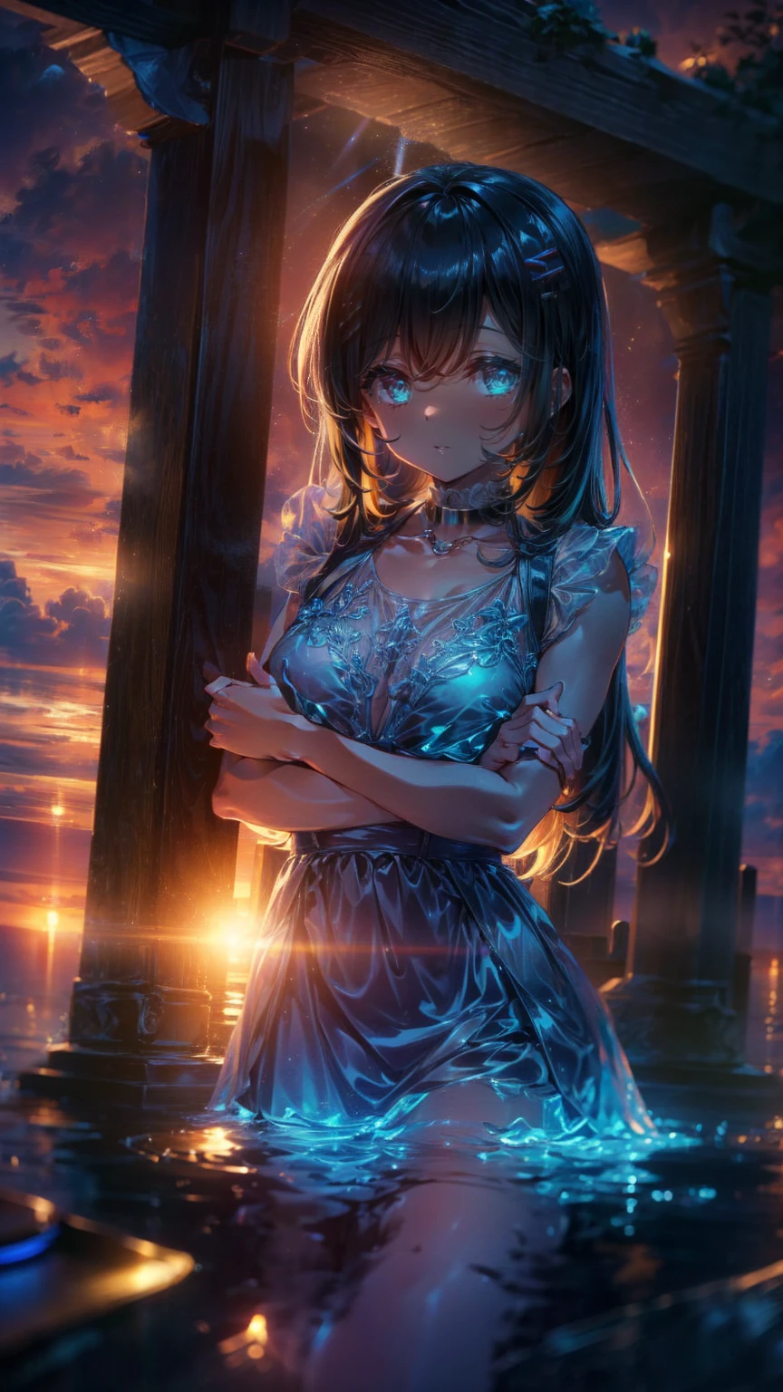 (  girl ),(  very detailed目,  very detailed顔), ( realisticにสุดๆ,  high res ), (  top quality :1.4), (  top quality ), 5, Midea, 1人の girl ,score_9, score_8_ up, score_7_ up, score_6_ up, score_5_ up, score_4_ up,  real skin texture deep into the night,  RAW photos , ( realisticに,  realistic:1.37),  very detailed,  Pro Pictures , (masterpiece:1.3,  top quality ,  ultra high resolution ,  ultra More), ( realistic, photo realistic:1.4),  beautiful illustrations ,  perfect lighting,  natural light,  depth of field , beautiful detailed hair,  beautiful detailed face , beautiful detailed eyes,  beautiful collarbone,  beautiful body ,  beautiful breasts ,  beautiful thighs ,  beautiful legs,  look under my beautiful fingers ,  viewers、  shiny hair,  longhair , (  beautiful brown eyes、)、smile、  super detailed  な目、(( hair clip)), Very elaborate face ,  High Detail Eye , cowboy shot,、( 一人の girl  )、 , masterpiece, top quality , high res, masterpiece ,  girl 1人, Calm expression, Captivating eyes ,  long straight hair  ,  Relaxed Dress ,  Calm Posture  ,  porcelain-like skin, A faint blush, crystal pendant golden hour, (  rimlight):1.2, Warm tones, Solar flare, Soft Shadows,  bright color, painterly effect  ,  dreamy atmosphere BREAK beautiful lake  , Scenery I saw with you  々, Willow Tree, Calm water, reflection,  clouds illuminated by the sun  ,  quiet atmosphere ,  Beautiful Sunset  ,  super detailed  ,  Official Art, unity 8k wallpaper , [ "Intertwined, Mandala
