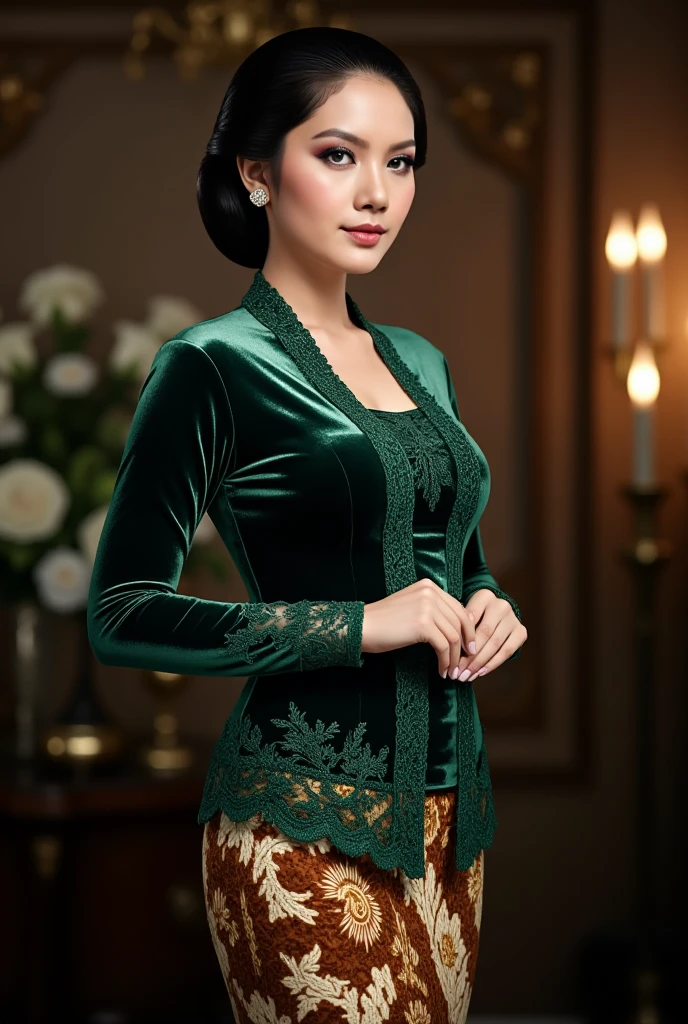 a beautiful young beautiful woman in an indoor setting. She is wearing an intricate dark green glossy satin kebaya with lace embroidery patterns along the front and sleeves, paired with a traditional brown and cream batik thigh skirt with complex floral and geometric designs. Her hair is styled in a neat and polished low bun with a center part, and she has a calm. The background consists of a luxury room atmosphere. The overall image has realistic detailing, soft shadows, and vibrant color contrast.
