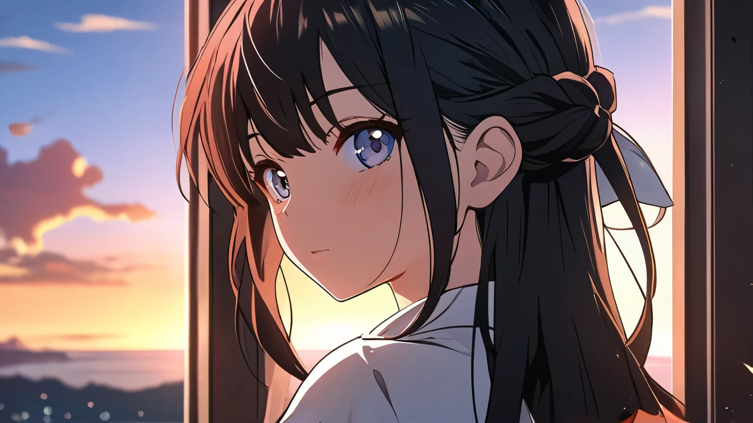 Anime girl looking out of a window at the sunset, Anime vibes, Anime art wallpaper 8 k, Anime style 4 k, Anime art wallpaper 4k, Anime art wallpaper 4 k,  watching the sunset. Anime, 4k Manga Wallpaper , Anime wallpaper 4k, Anime wallpaper 4 k, 4k Anime wallpaper,  Shinkai Makoto Cyril Roland , beautiful Anime portrait