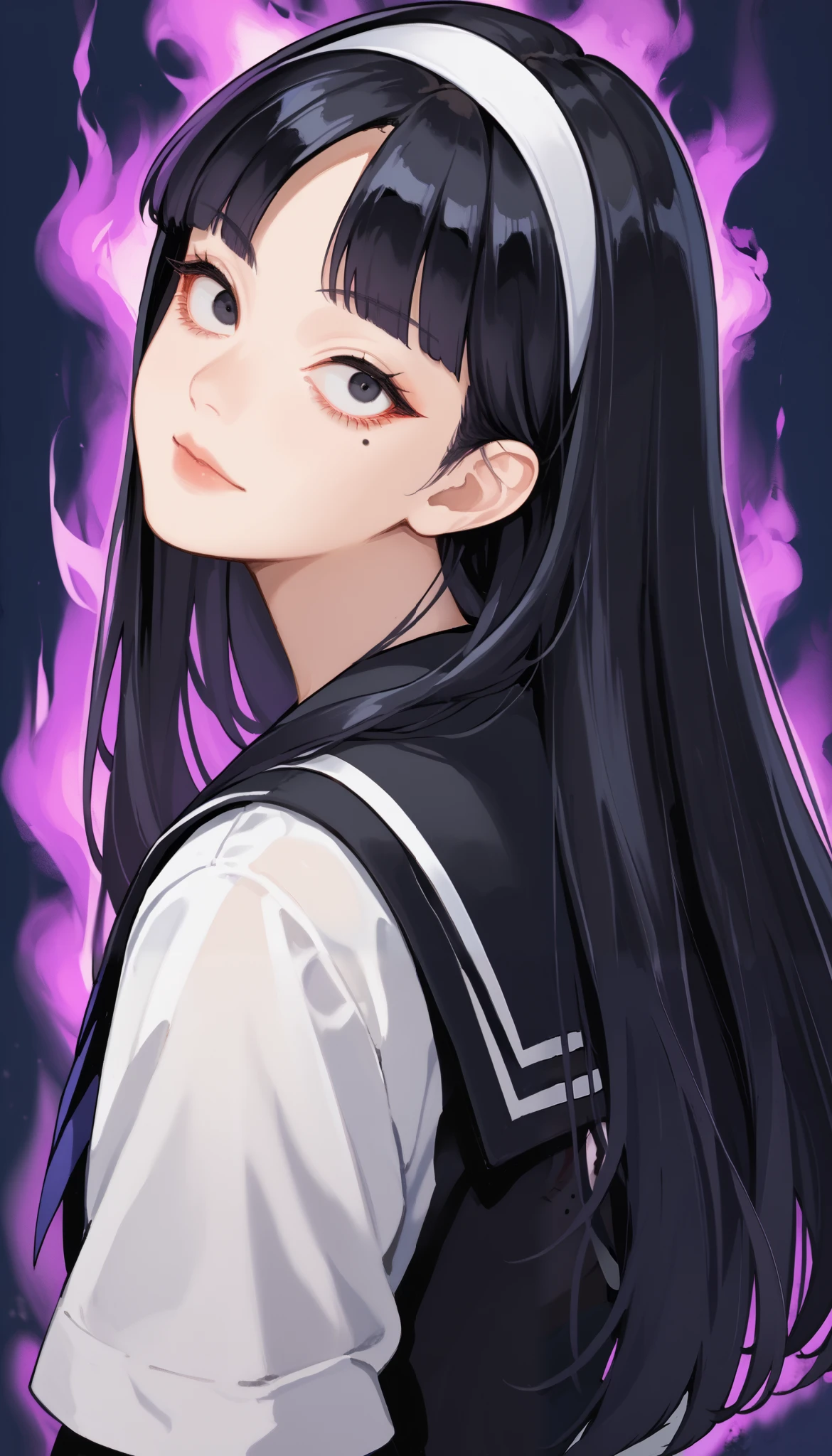 Score_9, score_8_up, score_7_up, score_6_up, source_anime, rating:general, 1girl, gothic girl, pale white skin, black eyes, black hair, long hair, blunt bangs, parted bangs, white hairband, mole under left eye, portrait, sailor suit school uniform, head tilt, sultry look, mysterious, 8k quality, vivid colors, perfect lighting, perfect shadowing, purple SmokeyAura, purple Aura, purple Smoke, burning 