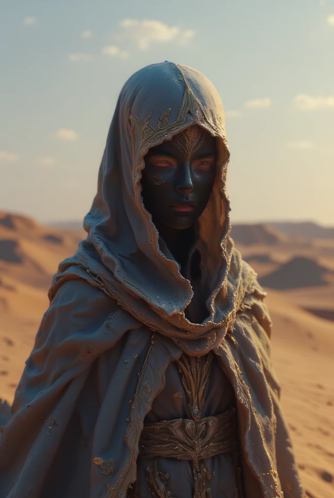 (best quality, 128k, highres, masterpiece:1.2), ultra-detailed, (realistic, photorealistic, photo-realistic:1.37), ((masterpiece)) ((photography)) ((Highest quality)) In the vast expanse of the Sahara, a dark goddess reigns, her robe blending seamlessly with the sand dunes. Her face is always hidden, shrouded in mystery. The winds and sand obey her command, and she wields their magic with effortless mastery. The legend warns that anyone who crosses her path, unprepared, may vanish into the emptiness of the desert. Beware of meeting her.