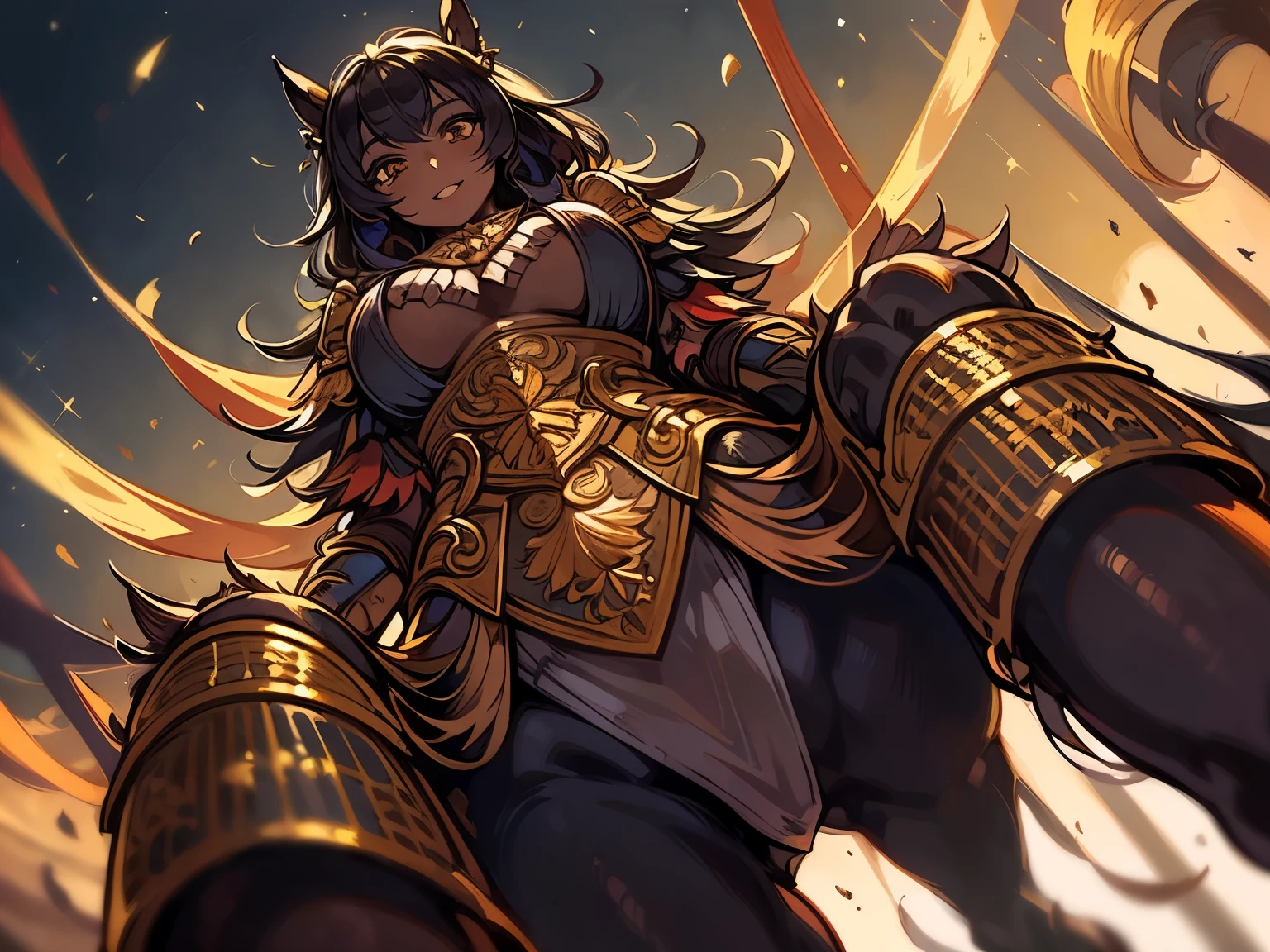 1 monster girl,centaur,(((dark skin))),curly short hair,black hair,golden eyes,eaba,looking at the viewer,happy,cleavage,gorgeous eyes,photo from below, view from below,expressive eyes, long eyelashes.