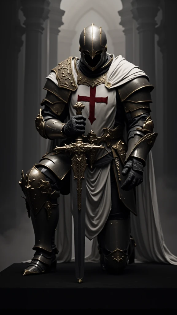 medieval knight kneeling leaning on his sword, knight's helmet of the crusades, white mandrel on his shoulders, long medieval sword, red cross of the paladins, closed helmet.