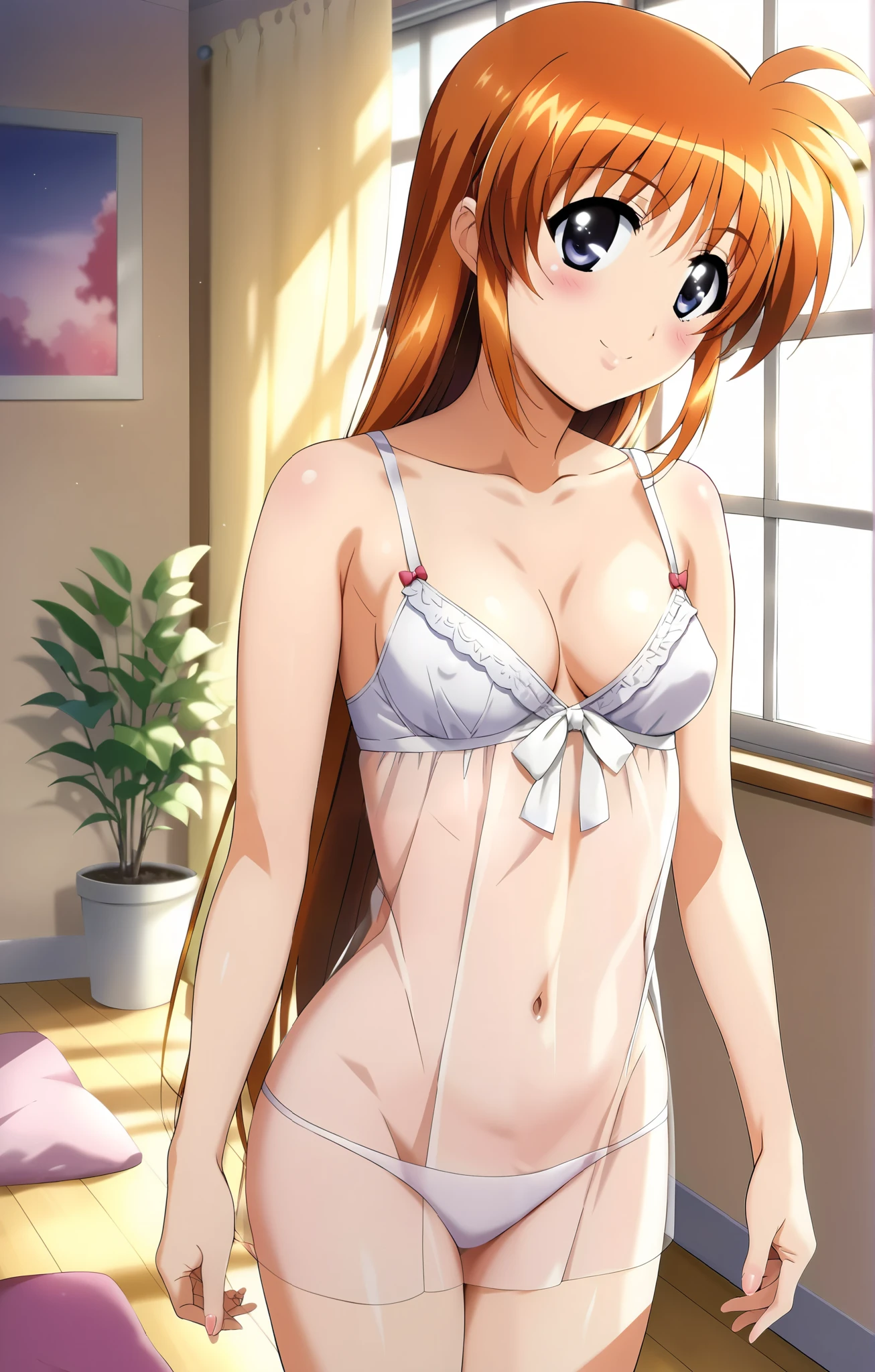 Nanoha, Alone, (cowboy shot),  small breasts,  cleavage,  pretty butt, sexy transparent white lace nightgown, ( see through :1.3),   sexy pose , (Red cheeks:1.2), (blight smile:1.2), ( living room ), (Home),  score_9,  score_8_superior,  score_7_superior,  Source_anime, (best quality1.2), 細部までこだわったanime,  high quality , full color, 8k,  high res