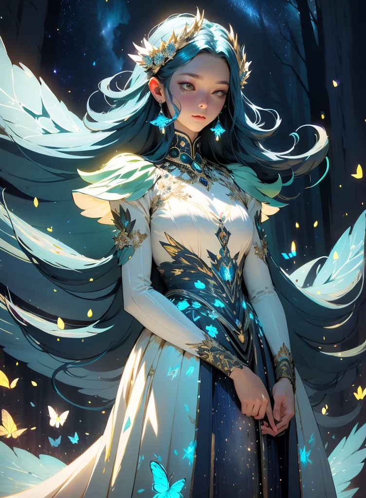 Create an image of a luminescent young woman with long, flowing hair, wearing a wide dress, positioned in a nocturnal forest. Her dress emits a gentle, blue-tinged glow that lights up the surrounding trees and flowers. Overhead, the sky brims with luminous auroras and monarch butterflies, some leaving faint trails that enhance the visual. The color scheme is soft and refined, contributing to a surreal effect that accentuates her grace and the mystical ambiance. Include tiny details like fireflies to amplify the enchanting mood, pastell soft colors, glowing, best quality, double exposure, realistic, whimsical, fantastic, splash art, intricate detailed, hyperdetailed, maximalist style, photorealistic, concept art, sharp focus, harmony, serenity, tranquility,mysterious glow, soft colors,ambient occlusion, halation, cozy ambient lighting, midjourneyv6.1, masterpiece, award winning,
