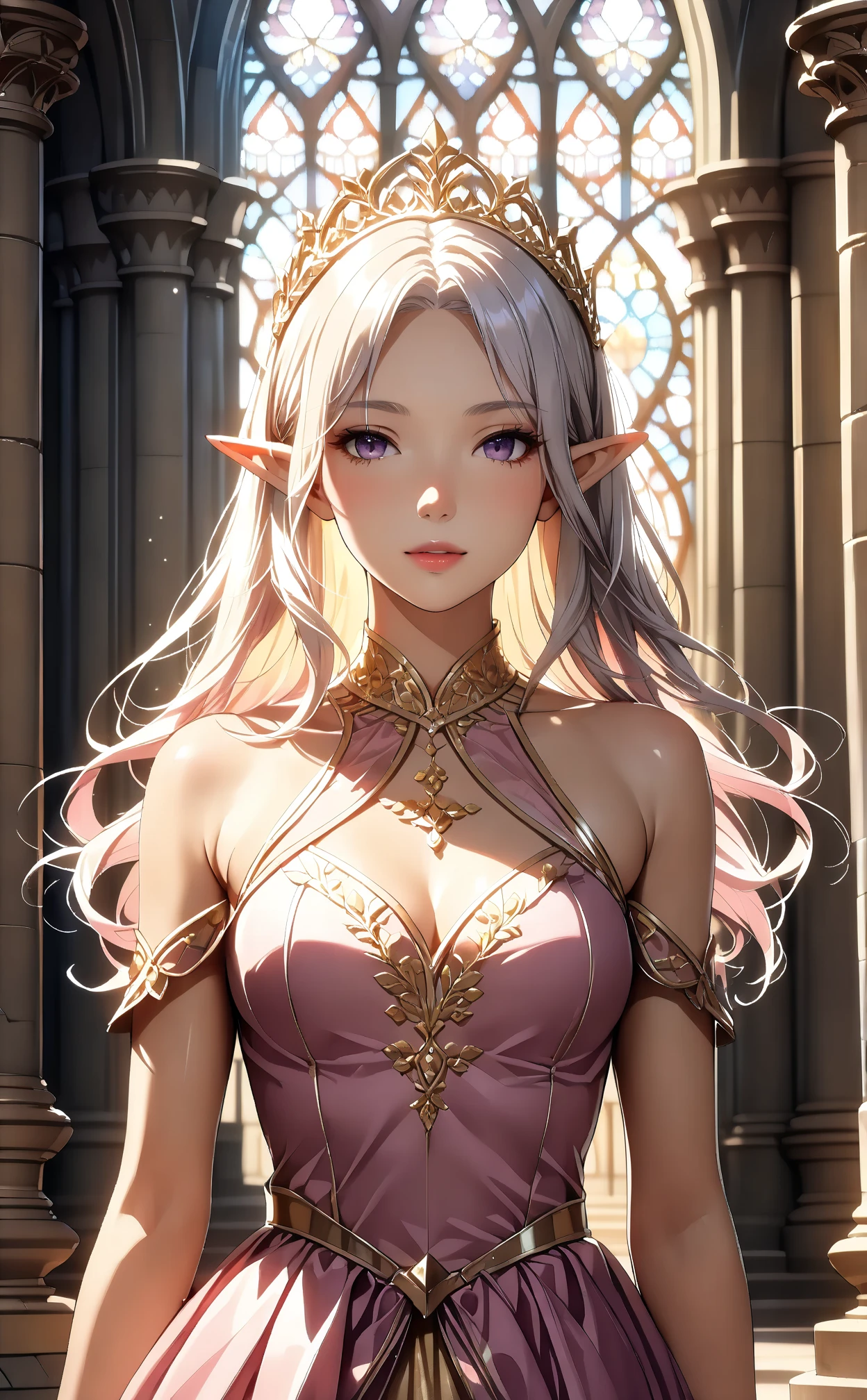 Elf miss, Serious, warrior, armor, elegant, Pink skirt, Noble, Silver, Long nails, Bare shoulders, hairstyle, hair, Braids and Ponytails, messy, arrogant, absurd, Detailed dress, royalties, celebration, Colorful glitter surrounds the body, Hall decorated with flowers, Cowboy shooting, portrait, (best quality), (masterpiece), (Very detailed), (8K), Octane Render, 3D Render,