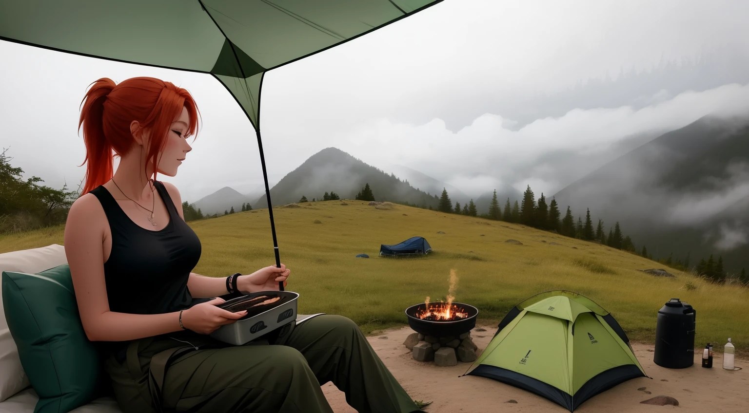 "A serene camping scene atop a misty mountain during the rainy season. A woman with blonde-red hair tied up in a high ponytail is enjoying the breathtaking view. She is seated near a modern campfire, its soft glow reflecting advanced contemporary camping technology. She wears a long brown tank top and cargo pants, exuding a rugged yet relaxed vibe. The atmosphere is misty with soft rain droplets, blending beautifully with the lush green mountain surroundings and dramatic cloudy skies. The tent is modern, blending natural elements with futuristic design."