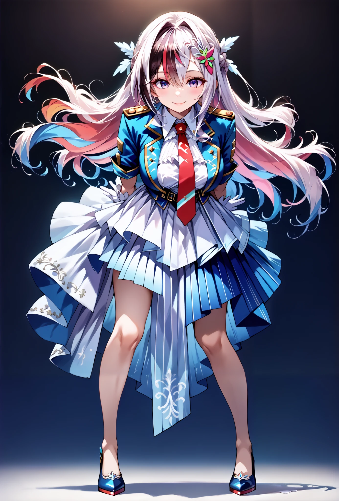 score_9, score_8_up, score_7_up, source_anime, 4K,perfect fingers,(perfect hands, perfect anatomy),prefect lighting, very aesthetic, intricate details,highly detailed background, masterpiece, high quality, best quality,
1girl,Azki, multicolored hair, long hair, french braid, hair ornament, large breast,
wearing ((headgear,shrug \(clothing\),blue jacket,cropped jacket,short dress,two-tone dress,white dress,blue dress,collared dress,pleated dress,red necktie,short sleeves,white gloves, )),
looking at the spectator, filed, Arms Behind Back, high thigh individual , (large breasts:0.9),Stand up,((fullbody:1.5)),((White plain background:1.5)) ,((seductive smile)),((front look:1.5)),leaning forward:1.3,
