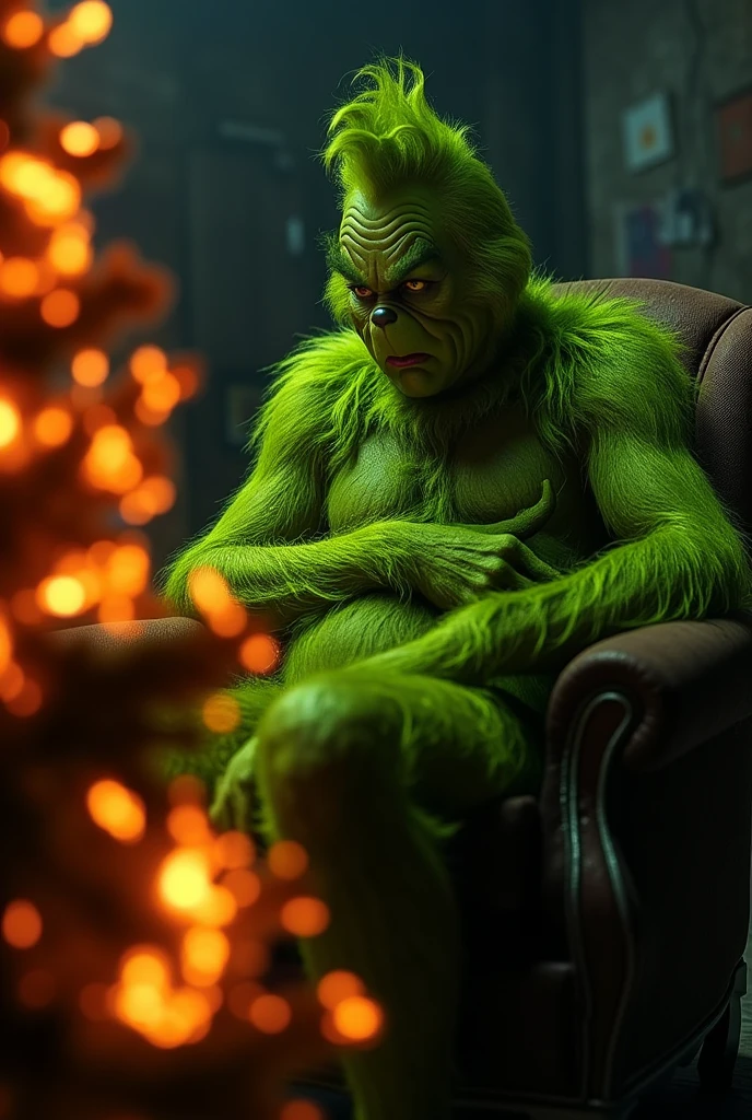 grinch,  a full-bodied green hairy man looking down,  Sitting in an armchair, thinking very seriously ,  He stands in front of a burning Christmas tree .  With a dark and evil background and lighting 