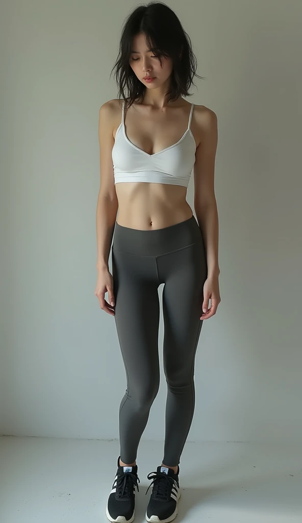 a full body photo of a woman in a green top and grey pants, tight outfit, wearing a sexy cropped top, wearing tight shirt, tight shirt, tight attire, wearing tight suit, wearing tight simple clothes, anna nikonova aka newmilky, tight wrinkled cloath, anna nikonova, aleksandra waliszewska, yelena belova