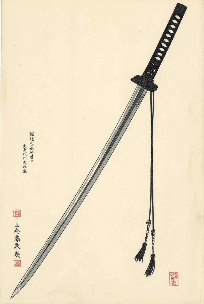 Japanese painting style, japanese sword, katana, ukiyo-e style, japanese engraving, full length sword, 2d image, black handle