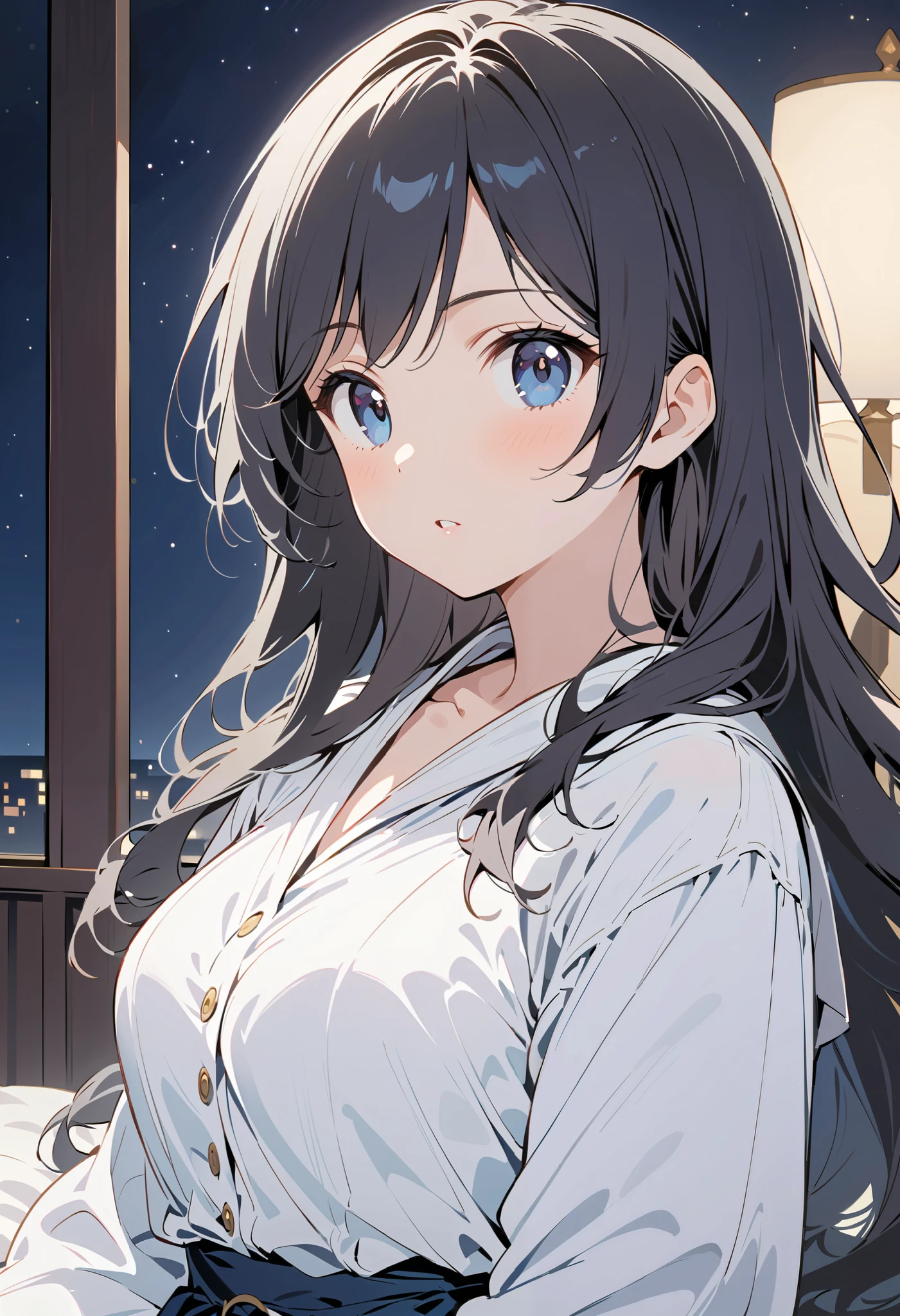 1 girl, Full Body Portrait, long hair,black hair , blue-black eyes , sit on the bed ,night, White Robe , black cape, show your legs , showing arms , Sabre ,Mature charm, cute