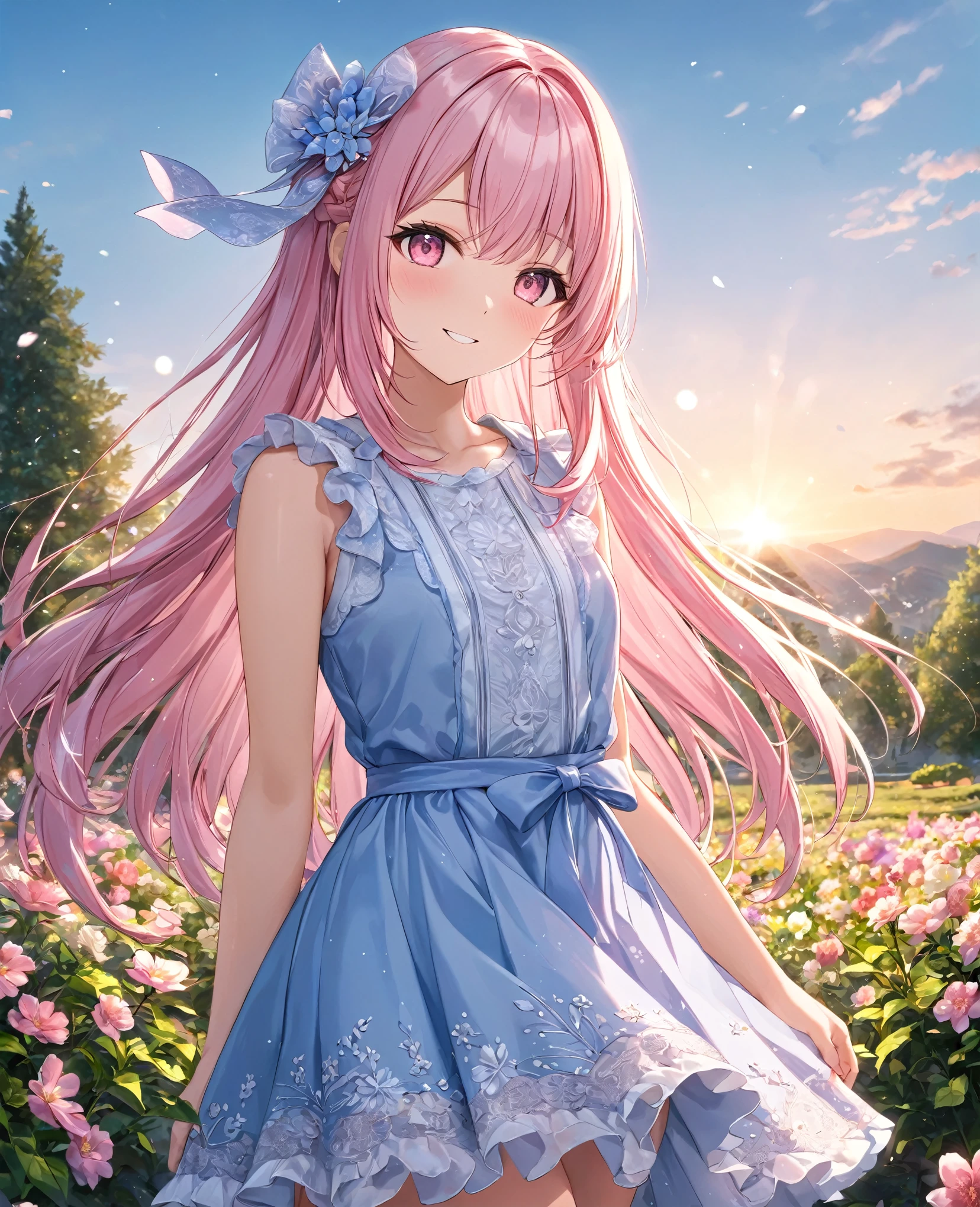 1girl, solo, Pink Shine Bright Hair, hair between eyes, Long hair, loose hair,beautifully styled hair, (Pink shiny Bright Eyes), looking at viewer,pale cheeks, Mesmerise, Little smile, closed mouth, (half body, cowboy shot), BREAK
(summer blue dress), ribbon, BREAK
garden, trees, flowers, sunny, blue sky, BREAK
HDR, 8K, masterpiece, best quality, amazing quality, very aesthetic, high resolution, ultra-detailed, absurdres, newest, scenery,
masterpiece, scenery, aesthetic detailed background, best quality, game cg aesthetics, sharp focus,
beautiful detailed eyes, detailed skin, detailed hair, light particles, photo background, depth of field,
(masterpiece), best quality, ultra-detailed, 1024k UHD wallpaper, ultra-high resolution, depth of field, HDR, Ray tracing, RTX, high saturation, photon mapping, best texture quality, best compotitions, (extremely detailed CG 1024k wallpaper), High Details, Detailed face, Detailed Clothes, Ultra HD Photo, Perfect Face, expressive eyes