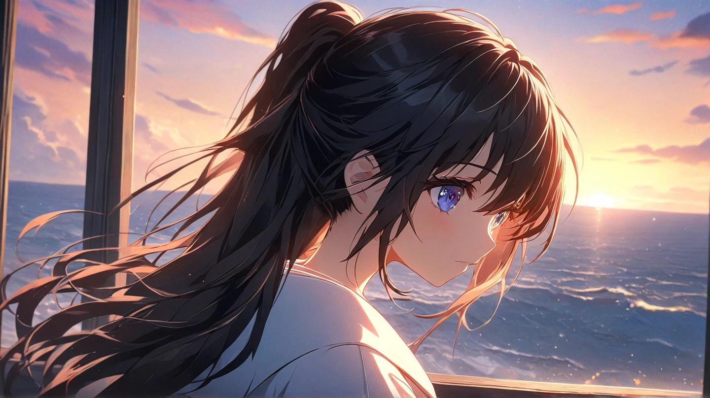 Anime girl looking out of a window at the sunset, Anime vibes, Anime art wallpaper 8 k, Anime style 4 k, Anime art wallpaper 4k, Anime art wallpaper 4 k,  watching the sunset. Anime, 4k Manga Wallpaper , Anime wallpaper 4k, Anime wallpaper 4 k, 4k Anime wallpaper,  Shinkai Makoto Cyril Roland , beautiful Anime portrait、 top quality 、 Highest Masterpieces、neon