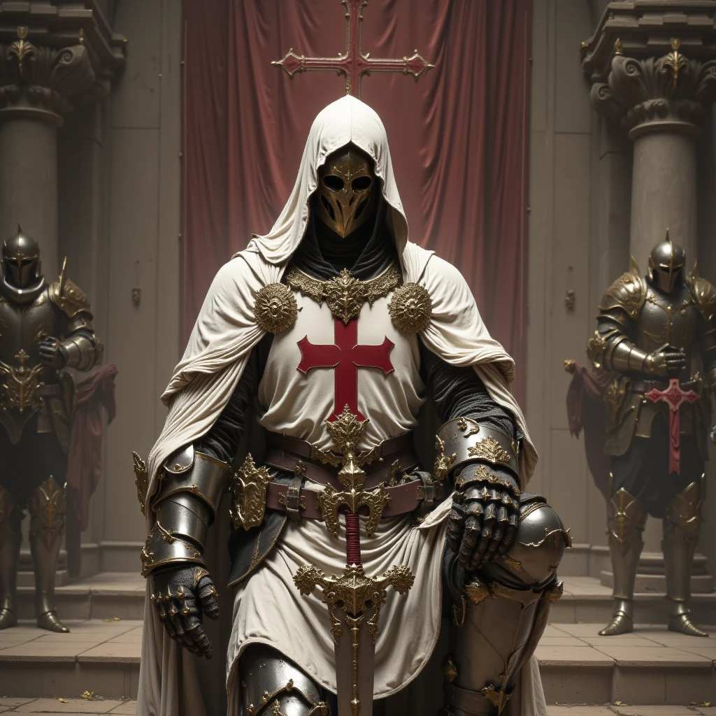 medieval knight kneeling leaning on his sword, knight's helmet of the crusades, white mandrel on his shoulders, long medieval sword, red cross of the paladins, closed helmet.