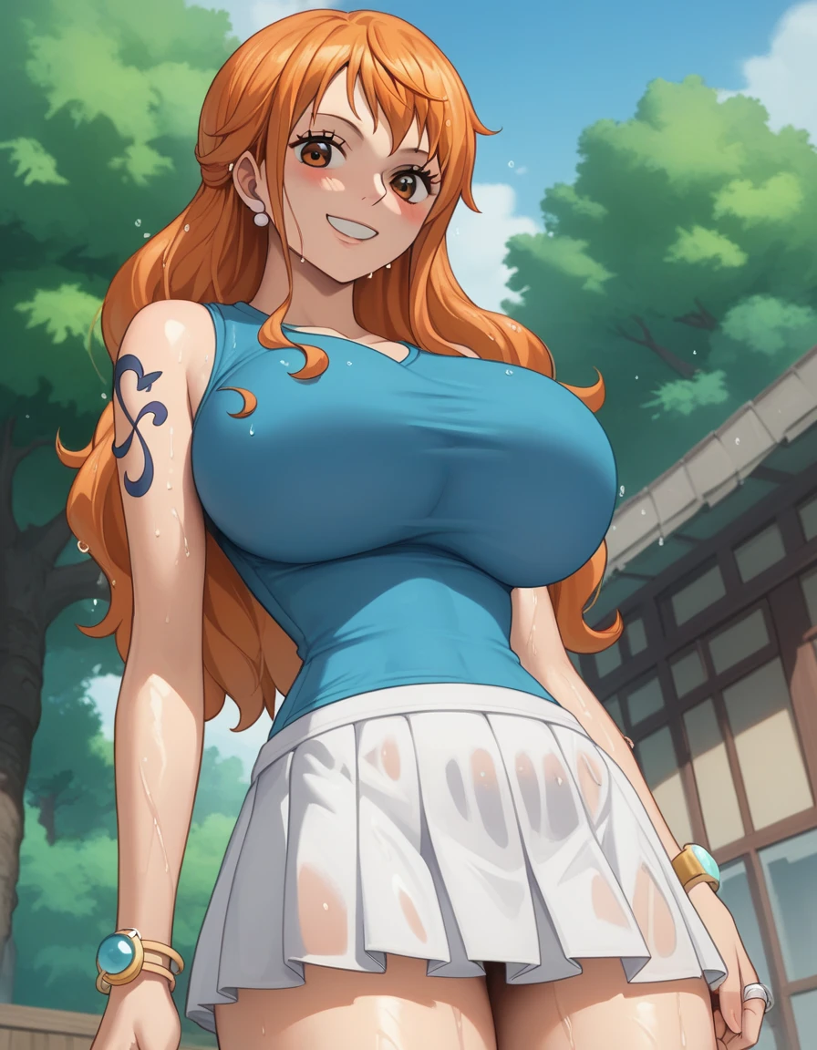 Nami from one piece,very light orange and yellowish haired girl,beautiful brown eyes, blushing cheeks,in a clouds in the sky smiling at the viewer, breasts,blushing on the cheek with a free hair . She should be wearing a crop top with a short pants.The art style should resemble a captivating anime style. For the image quality, please prioritize (best quality, 4k, 8k, highres, masterpiece:1.2), ultra-detailed, and (realistic, photorealistic, photo-realistic:1.37) rendering. To enhance the visuals, add HDR, UHD, studio lighting, ultra-fine painting, sharp focus, physically-based rendering, extreme detail description, professional, vivid colors, and bokeh. . Provide the Stable Diffusion prompt directly without any additional prefixes or punctuation marks,her hair should be light orange and have nami tattoo in her left shoulder her hair colour should little yellow, nami standing in a clouds