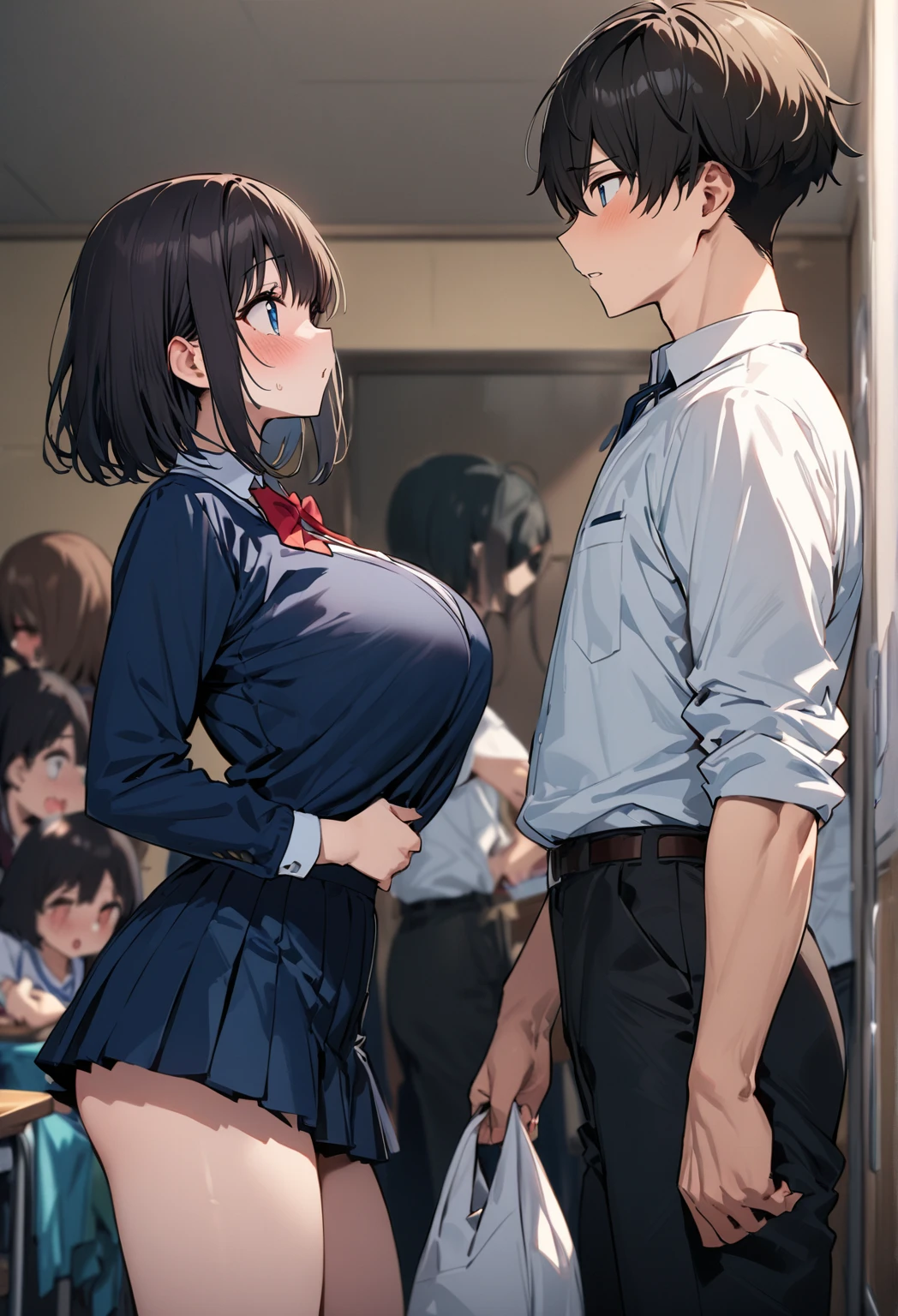 masterpiece:1.6, best quality), finely detailed beautiful eyes: 1.2), colorful, shinkai makoto, kimi no na wa., 1boy buzzcut, school uniform, pants down, boxer, 1girl, bangs, black hair, blush, open mouth, brown eyes, tear eyes, shiny skin, headband, ,night, indoors, storage room, no light, lie on bed,short hair, full body, cute, shirt, long sleeves,white shirt, jacket, cardigan, skirt, blush, collared shirt, letterboxed, pink jacket, pink cardigan, dress shirt, open clothes, anime coloring, brown footwear, white panties, open clothes, navel, white bra, bra lift up, medium breast, nipples, suck, suck breast, suck nipples, sucking breast, arms tied up, boy is front girl,touching chest, chest grope from front, grab, grabbing chest, hug fromt, hugging, lick face, lick, lick cheeks,arms up, hold another hand, hold arms, lying, bed, bedsheet, lying on bed, lie on bed, hug, passionate hug, face to face, body to body, lie down with body, pelvic to pelvic,1boybuzzcut, girl lying back, boy lying front, 1boybuzzcut,1boybuzzcut,night