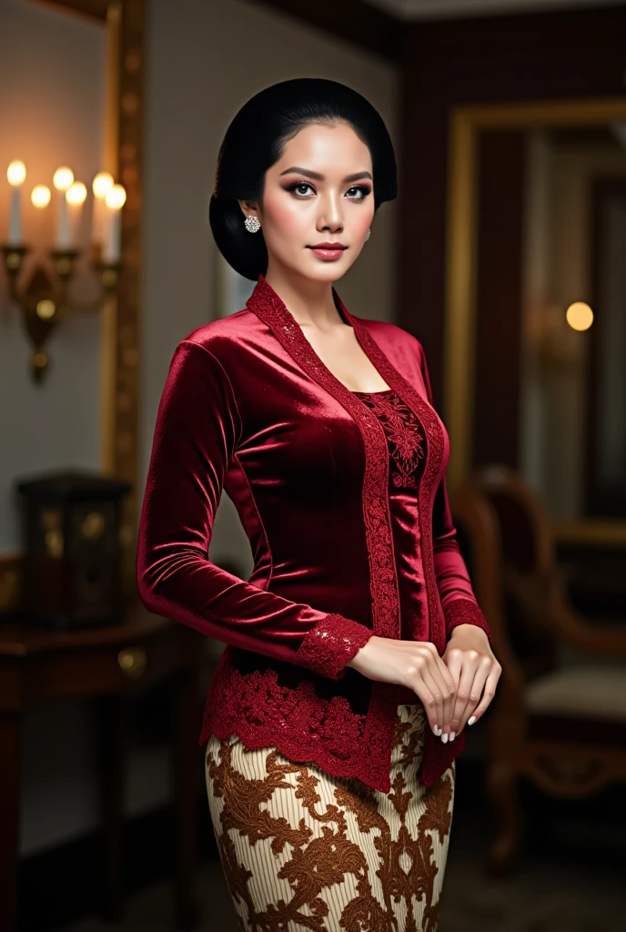 a beautiful young beautiful woman in an indoor setting. She is wearing an intricate maroon glossy satin kebaya with lace embroidery patterns along the front and sleeves, paired with a traditional brown and cream batik thigh skirt with complex floral and geometric designs. Her hair is styled in a neat and polished low bun with a center part, and she has a calm. The background consists of a luxury room atmosphere. The overall image has realistic detailing, soft shadows, and vibrant color contrast.
