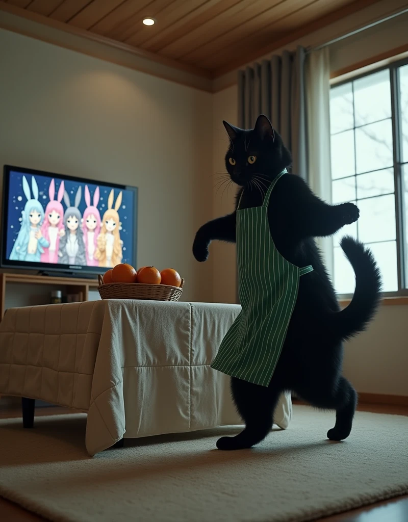 ultra-realistic, photorealistic, dramatic scene, shadow, global-illumination, the human-like giant black cat\(wearing a vertical striped green apron, black cat, dancing at the side of the low table that covered by a heavy blanket, watching TV and dancing identical to the idol on TV\), there is a low table fully covered with a light colored checked thick blanket on the large carpet in the stylish Japanese apartment room, a TV and shelf are in the room, the tv displays\(anime, cute anime, detailed big circle eyes, extra long curly haired, smile, 5 girls each colored extra long curly hair of pink and blue and silver and blonde and black with bunny's ears, live performance of a cute young idol singer girl wearing a pastel colored dress, bunny's ears, happy smile, cute girls, singing on stage, spot lighting\), stylish furnishings, mandarin oranges in the basket is on the low table, in winter,