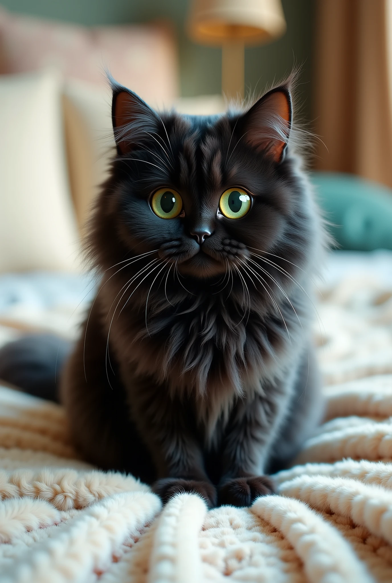 A black cat with fluffy fur, green eyes, dilated pupils, and extremely short limbs, standing on a fluffy white checked blanket,