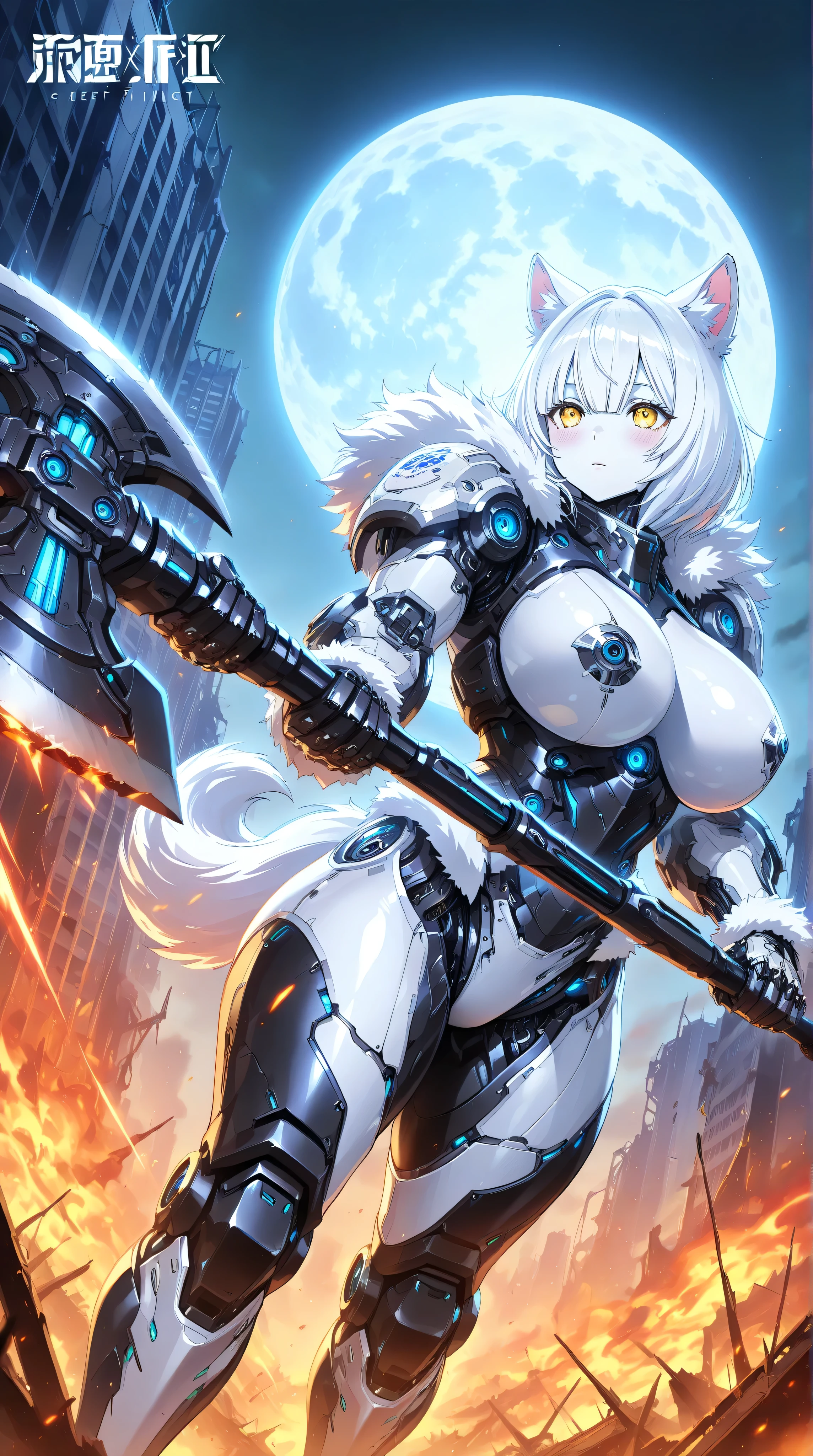 masterpiece,best quality,official art,extremely detailed CG unity 8k wallpaper,extremely detailed background, fantasy art, intricate details, (Sci-fi style), (Mechanical style),nsfw,nude1girl,huge_breasts,Mechanical body,mechanical parts,mecha corset,robot joints,mechanical arms,(whole body),thick thighs,lustrous skin,shiny skin,pale skin
(white mastiff armor),(white fur trim),(white intricate mechanical bodysuit),white Functional clothing,dog ears,dog tail
outdoor,building_ruins,burning city,black night,full moon
expressionless,blush,standing,Wielding a axe,cleaving,incoming cleave,incoming attack,dynamic angle,speed line,motion lines,
yellow eyes,detailed beautiful eyes,finely detailed eyes
(white hair,crew cut,blunt_bangs,hair_between_eyes,reflective hair, 