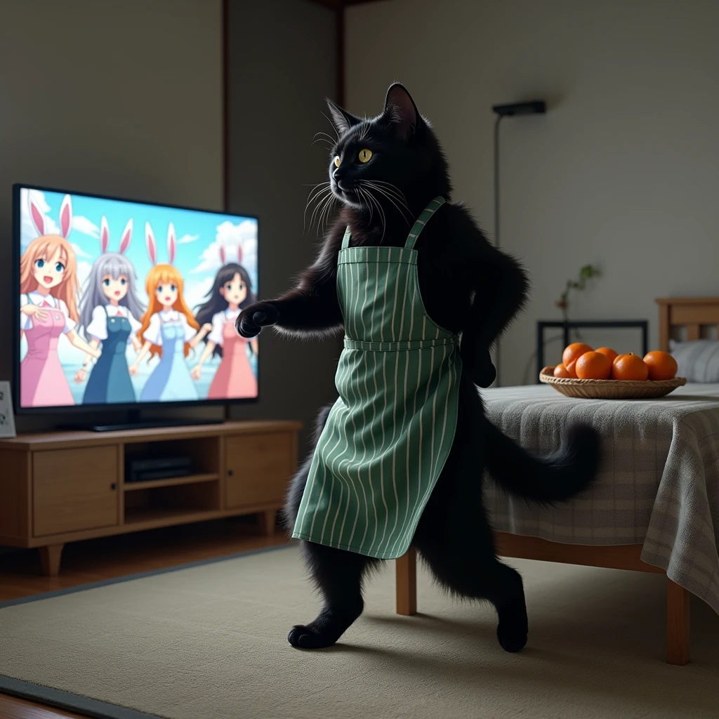 ultra-realistic, photorealistic, dramatic scene, shadow, global-illumination, the human-like giant black cat\(wearing a vertical striped green apron, black cat, dancing at the side of the low table that covered by a heavy blanket, watching TV and dancing identical to the idol on TV\), there is a low table fully covered with a light colored checked thick blanket on the large carpet in the stylish Japanese apartment room, a TV and shelf are in the room, the tv displays\(anime, cute anime, detailed big circle eyes, extra long curly haired, smile, 5 girls each colored extra long curly hair of pink and blue and silver and blonde and black with bunny's ears, live performance of a cute young idol singer girl wearing a pastel colored dress, bunny's ears, happy smile, cute girls, singing on stage, spot lighting\), stylish furnishings, mandarin oranges in the basket is on the low table, in winter,