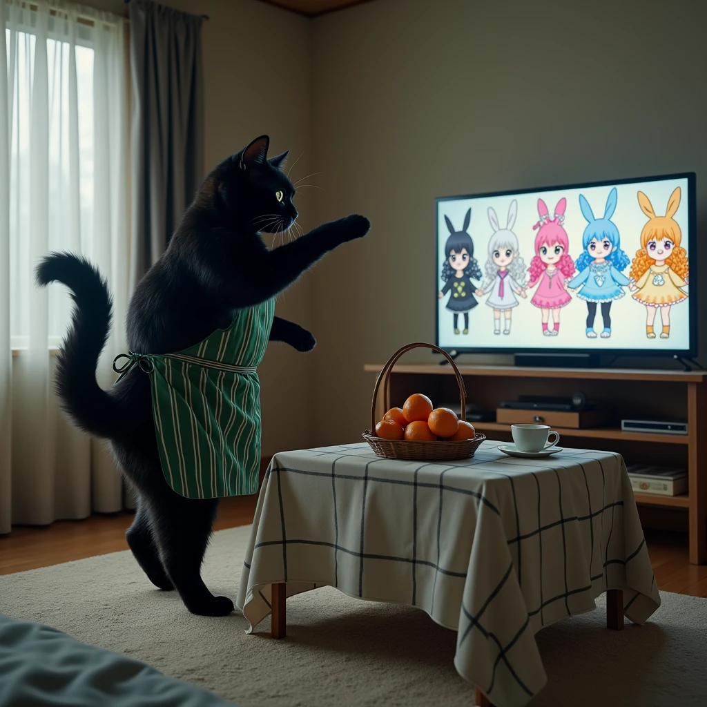 ultra-realistic, photorealistic, dramatic scene, shadow, global-illumination, the human-like giant black cat\(wearing a vertical striped green apron, black cat, dancing at the side of the low table that covered by a heavy blanket, watching TV and dancing identical to the idol on TV\), there is a low table fully covered with a light colored checked thick blanket on the large carpet in the stylish Japanese apartment room, a TV and shelf are in the room, the tv displays\(anime, cute anime, detailed big circle eyes, extra long curly haired, smile, 5 girls each colored extra long curly hair of pink and blue and silver and blonde and black with bunny's ears, live performance of a cute young idol singer girl wearing a pastel colored dress, bunny's ears, happy smile, cute girls, singing on stage, spot lighting\), stylish furnishings, mandarin oranges in the basket is on the low table, in winter,