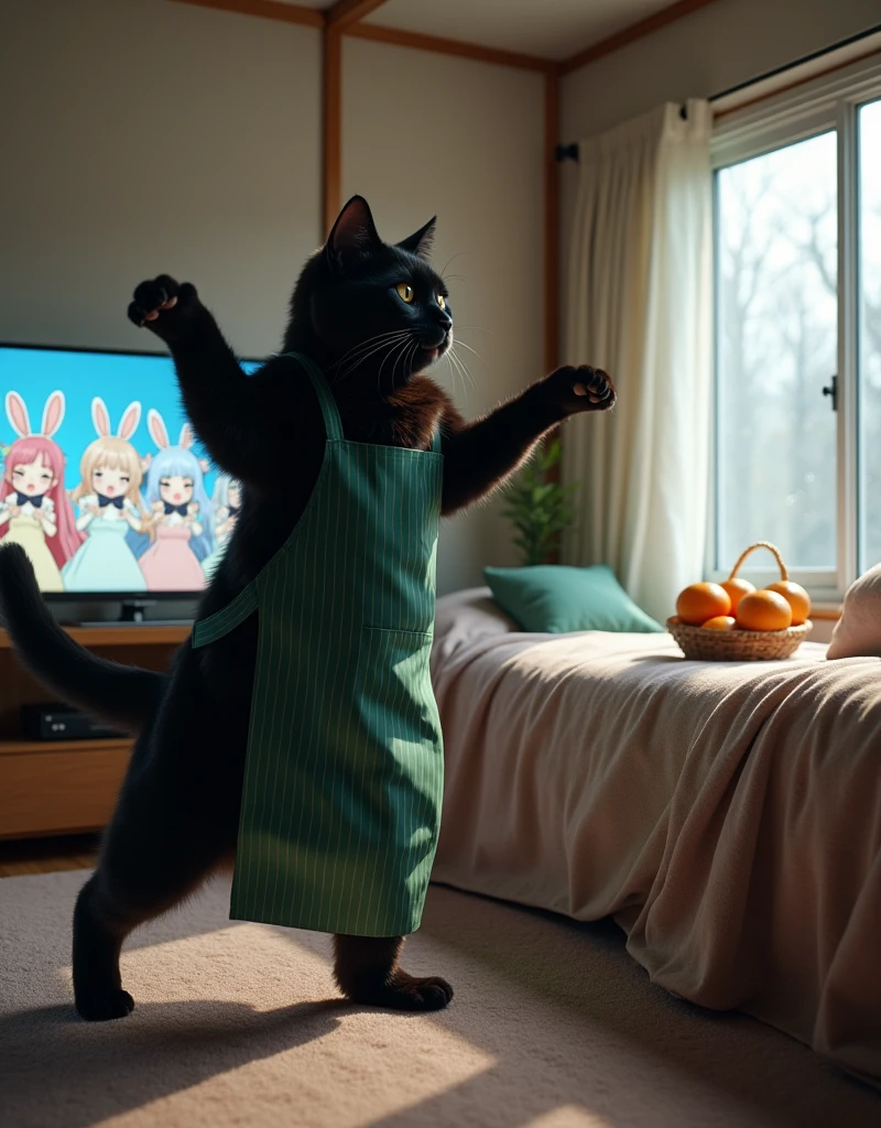 ultra-realistic, photorealistic, dramatic scene, shadow, global-illumination, the human-like giant black cat\(wearing a vertical striped green apron, black cat, dancing at the side of the low table that covered by a heavy blanket, watching TV and dancing identical to the idol on TV\), there is a low table fully covered with a light colored checked thick blanket on the large carpet in the stylish Japanese apartment room, a TV and shelf are in the room, the tv displays\(anime, cute anime, detailed big circle eyes, extra long curly haired, smile, 5 girls each colored extra long curly hair of pink and blue and silver and blonde and black with bunny's ears, live performance of a cute young idol singer girl wearing a pastel colored dress, bunny's ears, happy smile, cute girls, singing on stage, spot lighting\), stylish furnishings, mandarin oranges in the basket is on the low table, in winter,