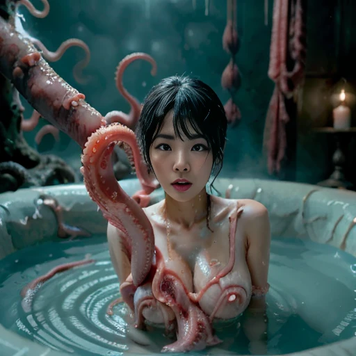  High Quality 、 detailed explanation、whole body,（Fearful face）。 Realistic huge clitoral genitals 、 rock bath at night hot spring inn 、Flesh-colored tentacles that penetrate the genitals,  open your mouth、Feeling pain, Tears flow, pain, cry in pain,  oily skin 、  that scatters from the genitals  ,Larva wrapped in foreskin 、 It endures the pain lying on its back,,  tentacles invading female genitals 、 attacked by crowds and larvae 、 Japanese、 tentacles come out of the mouth 、 tentacles penetrate the genitals  (Wide open genitals)、 tentacles that suck the clitoris 、 white viscous liquid that comes out of the pubis 、NFSW