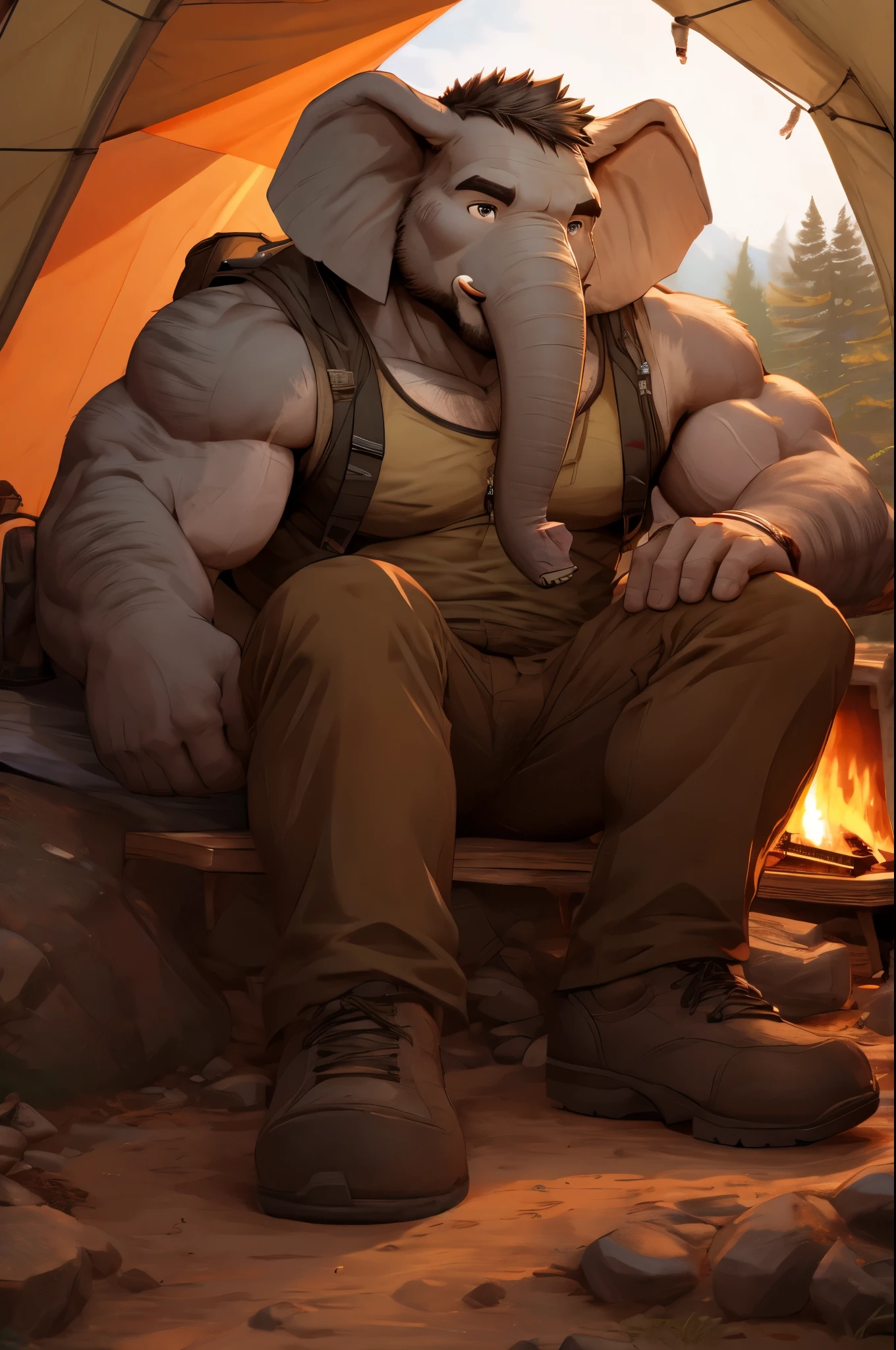 Furry, Elephant, man, bara, muscular, camper, hiking clothes, campsite, tent, fireplace, high quality, high resolution