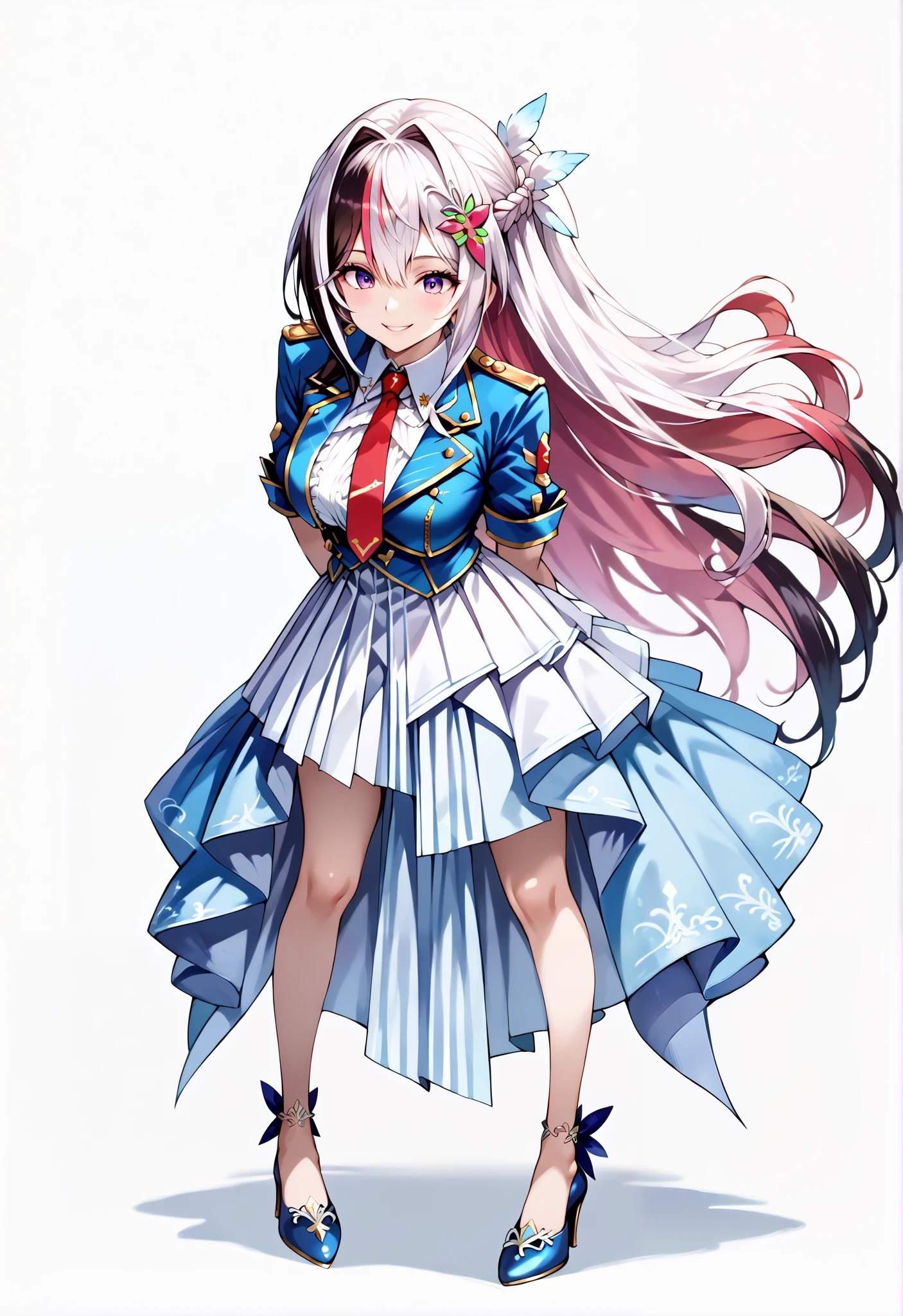 score_9, score_8_up, score_7_up, source_anime, 4K,perfect fingers,(perfect hands, perfect anatomy),prefect lighting, very aesthetic, intricate details,highly detailed background, masterpiece, high quality, best quality,
1girl,Azki, multicolored hair, long hair, french braid, hair ornament, large breast,
wearing ((headgear,shrug \(clothing\),blue jacket,cropped jacket,short dress,two-tone dress,white dress,blue dress,collared dress,pleated dress,red necktie,short sleeves,white gloves, )),
looking at the spectator, filed, Arms Behind Back, high thigh individual , (large breasts:0.9),Stand up,((fullbody:1.5)),((White plain background:1.5)) ,smile,((front look:1.5)),leaning forward:1.3,