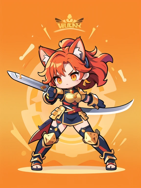  Cute Female Warrior Style  ,  European RPG Warriors  , Golden Iron Armor , Natural background.  red hair,  tied hair , cat ears, Golden Iron Armor  의상, Full Body Protection  , Orange eyes ,  Stylish Poses  ,  half side ,  dynamic battle pose,  holding a long sword. Defensive posture 