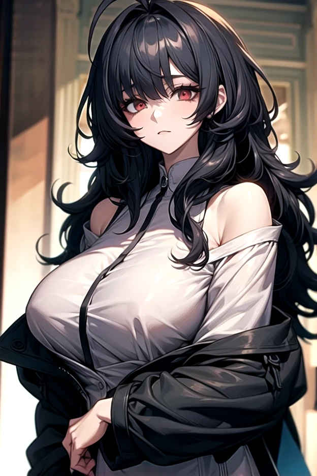 1woman, masterpiece, best quality, lovely, huge breats, red eyes, black hair, ahoge, bangs hair, long hair, white off shoulder shirts,