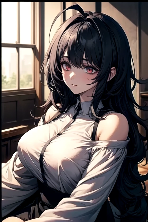 1woman, masterpiece, best quality, lovely, huge breats, red eyes, black hair, ahoge, bangs hair, long hair, white off shoulder shirts,