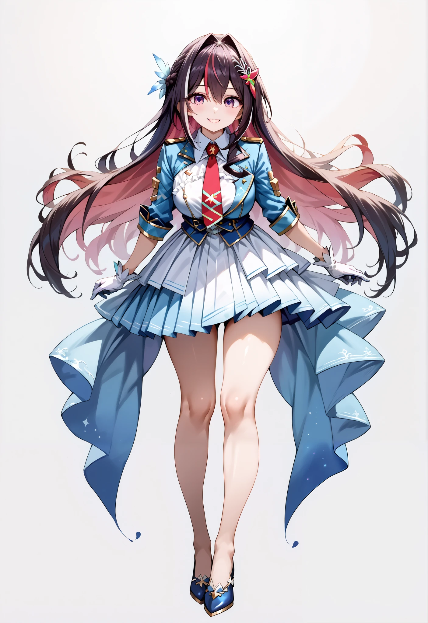 score_9, score_8_up, score_7_up, source_anime, 4K,perfect fingers,(perfect hands, perfect anatomy),prefect lighting, very aesthetic, intricate details,highly detailed background, masterpiece, high quality, best quality,
1girl,Azki, multicolored hair, long hair, french braid, hair ornament, large breast,
wearing ((headgear,shrug \(clothing\),blue jacket,cropped jacket,short dress,two-tone dress,white dress,blue dress,collared dress,pleated dress,red necktie,short sleeves,white gloves, )),
looking at the spectator, filed, (Lower your hands forward:1.5), high thigh individual , (large breasts:0.9),Stand up,((fullbody:1.5)),((White plain background:1.5)) ,smile,((front look:1.5)),leaning forward:1.3,