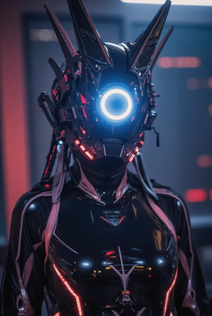 In the world of Warframe, a girl stands, her face obscured by a mysterious helmet adorned with a unicorn horn. Her eyes glow with an extreme detail that captures her expression vividly. The helmet and her attire are made of glossy metal, reflecting the dynamic angles of the scene. The lighting is meticulously detailed, casting dramatic shadows and creating a cinematic shot with sharp focus. The photorealistic quality of the image is enhanced by twilight and volumetric lighting, adding depth and realism. The scene is rendered in ultra high resolution, 16K, with dramatic lighting that brings the entire composition to life.