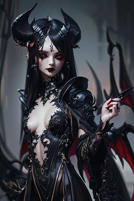 (( top quality )), ((傑 top quality 、masterpiece、High sensitivity、 high res、 detailed depiction 、 delicate face depiction ))Slender Woman、devil、 enamel bodysuit、 spread the wings of a black bat 、Torn Cloak、My lips are black 、Put a sheep horn on your head 、Baring Teeth、