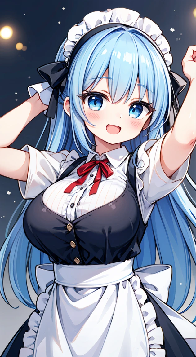  top quality , masterpiece,  blue hair,  long hair,  blue eyes, hair bow,  headband,  red ribbon , ruffle dress,  black dress,  Puffy Short Sleeve, Maid, Black Ribbon,  neck ribbon,  white shirt, button ギャップ, button, Expanding breasts,  Suspenders,  white apron,  Waist Apron , Hidden Big Breasts,  short stack ,  happy  , smile,  Anne Nuit,  with open mouth, incoming hug, score_9, score_8_  up, score_7_  up, Embarrassed, Shy, Blushed cheeks, バスト up