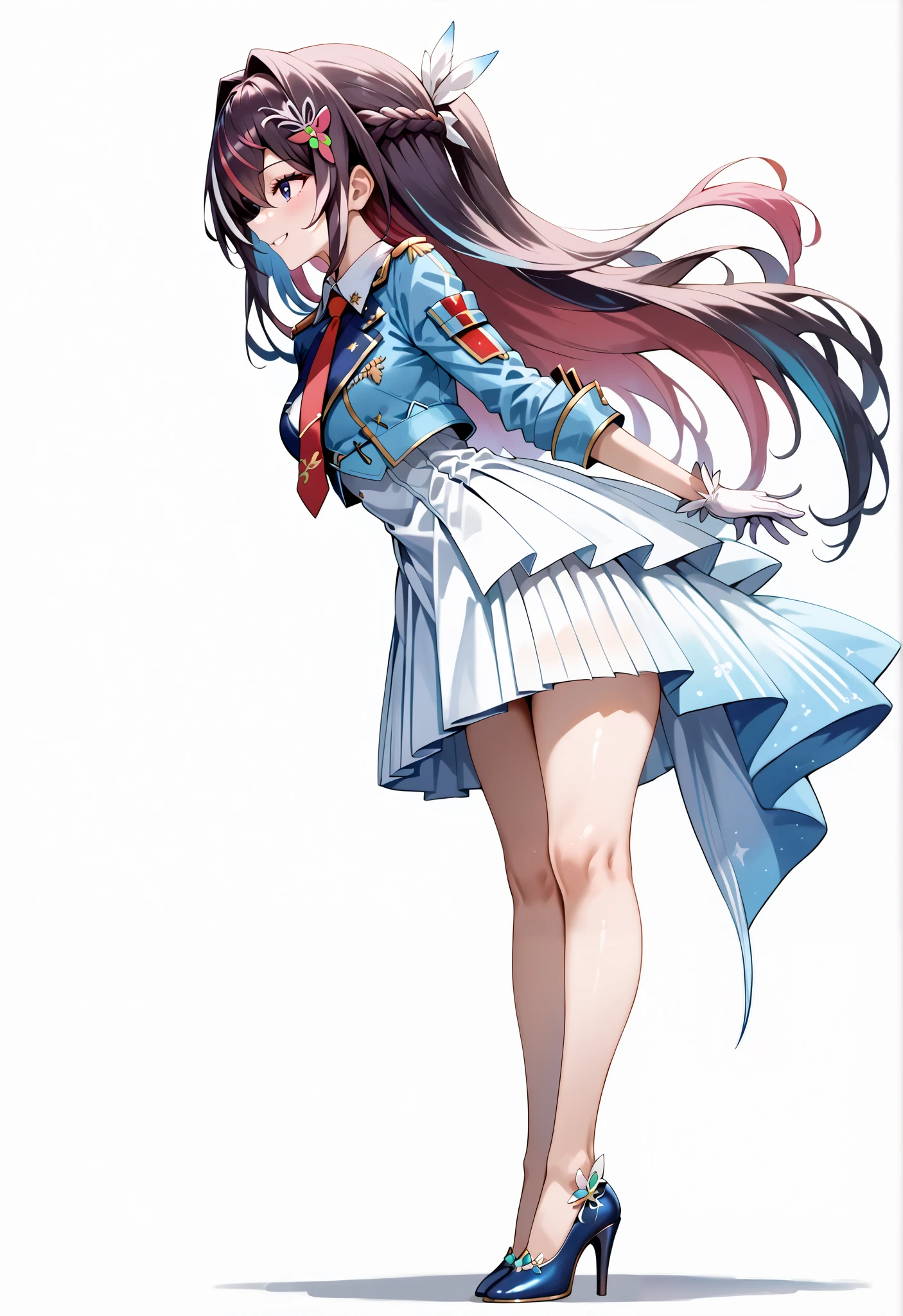 score_9, score_8_up, score_7_up, source_anime, 4K,perfect fingers,(perfect hands, perfect anatomy),prefect lighting, very aesthetic, intricate details,highly detailed background, masterpiece, high quality, best quality,
1girl,Azki, multicolored hair, long hair, french braid, hair ornament, large breast,
wearing ((headgear,shrug \(clothing\),blue jacket,cropped jacket,short dress,two-tone dress,white dress,blue dress,collared dress,pleated dress,red necktie,short sleeves,white gloves, )),
looking at the spectator, filed, (Lower your hands forward:1.5), high thigh individual , (large breasts:0.9),Stand up,((fullbody:1.5)),((White plain background:1.5)) ,smile,((front look:1.5)),leaning forward:1.3, ((side view)),