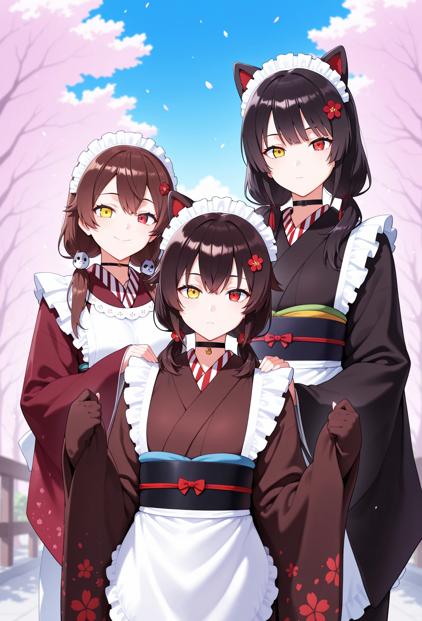 score_9, score_8_up, score_7_up, source_anime, it1, dog girl, heterochromia, yellow eyes, red eyes, animal ears, dog ears, brown hair, black hair, long hair, twintails, low twintails, flower, hair flower, red flower, hair ornament, wa maid, maid headdress, choker, black choker, kimono, brown kimono, black kimono, obi, apron, white apron, sleeves past wrists,Super micro bikini, smile, sky, cherry blossoms, looking at viewer, expressionless, smile