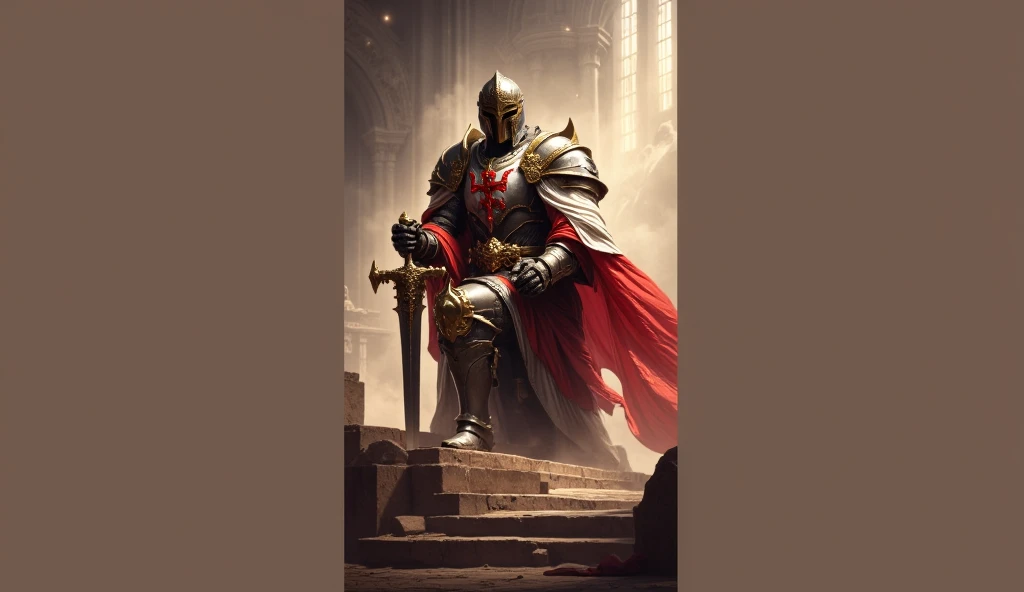 medieval knight kneeling leaning on his sword, knight's helmet of the crusades, white mandrel on his shoulders, long medieval sword, red cross of the paladins, closed helmet.