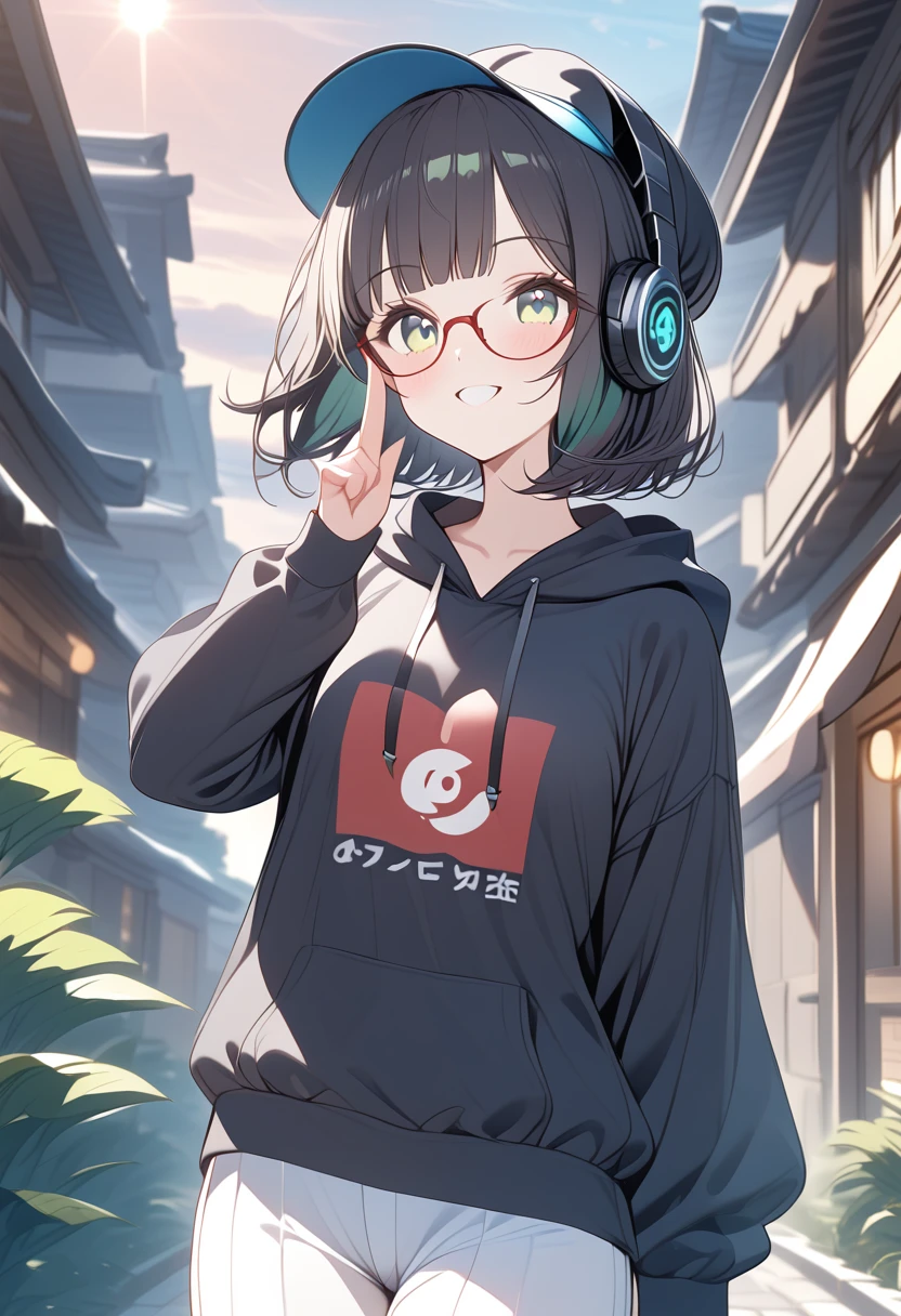 {{{masterpiece}}}, {{{ top quality }}}, {{ ULTRA DETAIL}}, { cute, detail eyes },  1 girl, Alone, (black hair,bob cut,wavy hair),(( green eyes)),wearing red reading glasses,(blunt bangs), (((black headphones))),((black hoodie))),((cabbie hat)),(white palazzo pants),((standing)),shushing,grin.white teeth,black hair,Midea, jade colored eyes,clear sky,sunrise