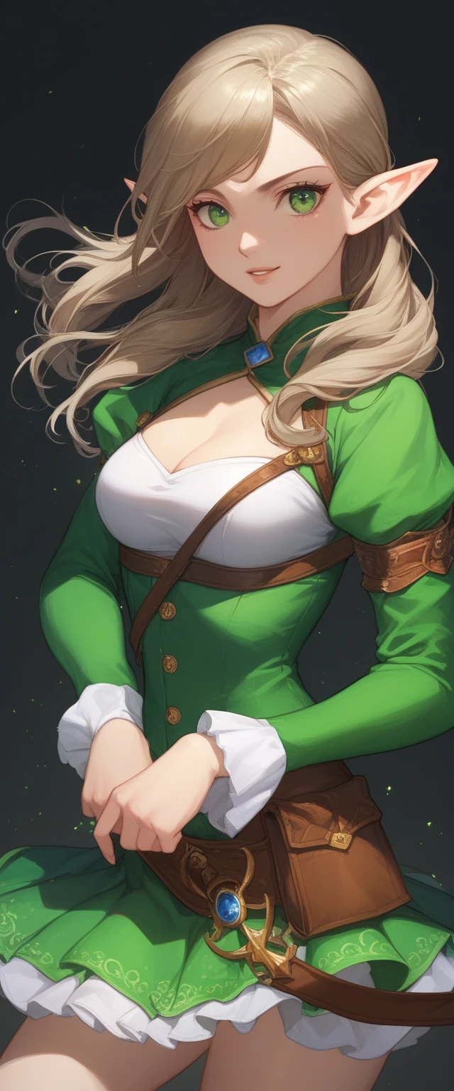 [ realistic, latex, (teen:1.1): white chiffon, : 0.55], 1gril, detailed face, 8k, ultra high res, highres,  natural lighting, HDR, detailed eyes, detailed skin,<lora:add_detail:0.6>, 
, waist vest, skirt (breast gap, :1.1) <lora:SuguhaV1:1.0> suguha, blonde hair, green eyes, green dress, green_jacket, slit, maxi skirt, bowtie, 2side braid hair, deep_V, cleavage <lora:LowRA:0.35>, leather belt, ribbon on hair, holding a sword,
hands down, white blouse, masterpiece,