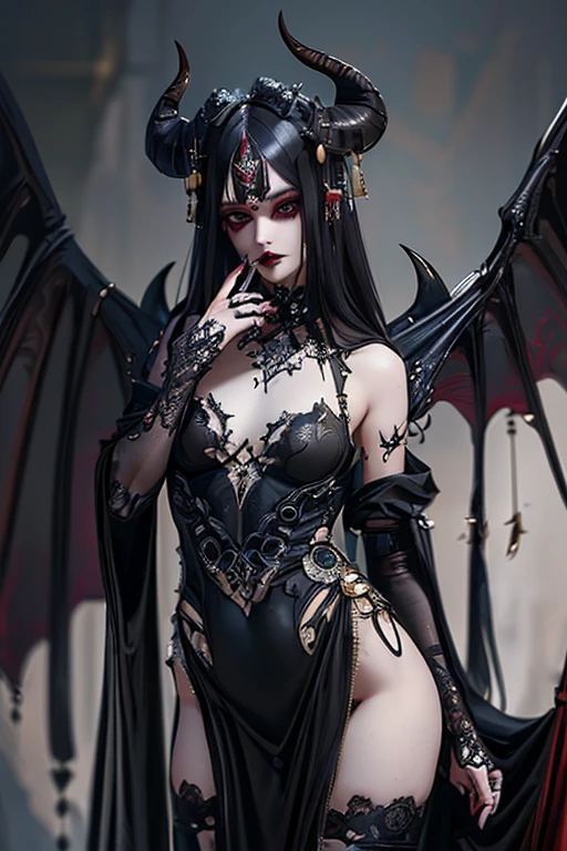 (( top quality )), ((傑 top quality 、masterpiece、High sensitivity、 high res、 detailed depiction 、 delicate face depiction ))Slender Woman、devil、 enamel bodysuit、 spread the wings of a black bat 、Torn Cloak、My lips are black 、Put a sheep horn on your head 、Baring Teeth、Blonde、