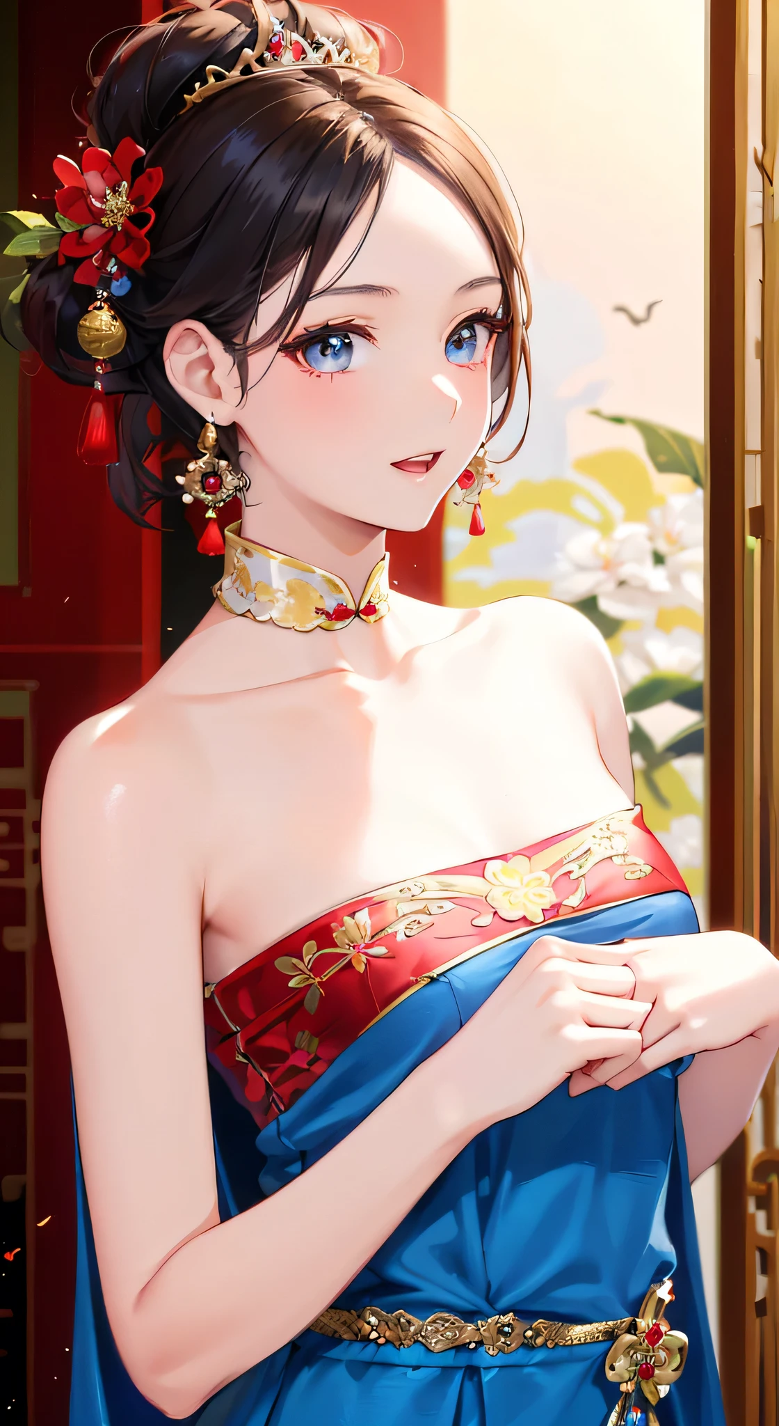 Group of 5 princesses,(5 young women,many young women), (in the bedroom), Various hair styles, harem, Wear a strapless Thai dress...,(very good,no panties) at night, detailed face,Complete breasts,fully, ((big breasts,Breast curtain,Partially naked)) short skirt, mule, Sleeveless , Show your armpits, at night, starry at night,(large areolae:1.4,pink,The nipples are clearly visible.....),((Various positions),(Look at the viewer.:1.5),milf, Highest quality、Highest picture quality、Masterpiece