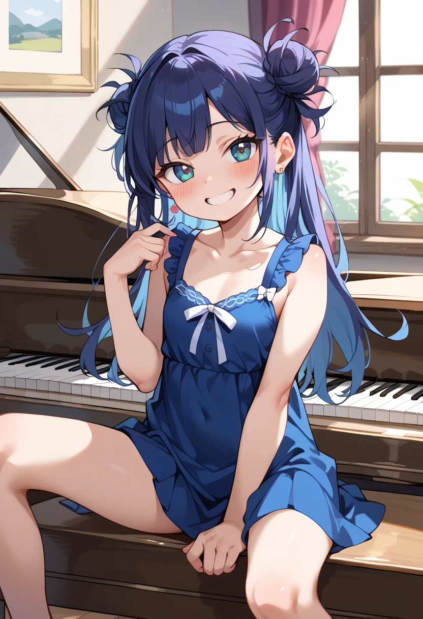 (( top quality )), ((masterpiece)), (be familiar with), perfect face, indoor, bedroom,  watching viewers,
One woman, I was,
開いた口,  ecstatic expression beside the piano, blush, smile,
 small tits,  flat chest, Young girl, Lori,  s,  girl,
 long hair,  twin bun hair ,
Leg spread,