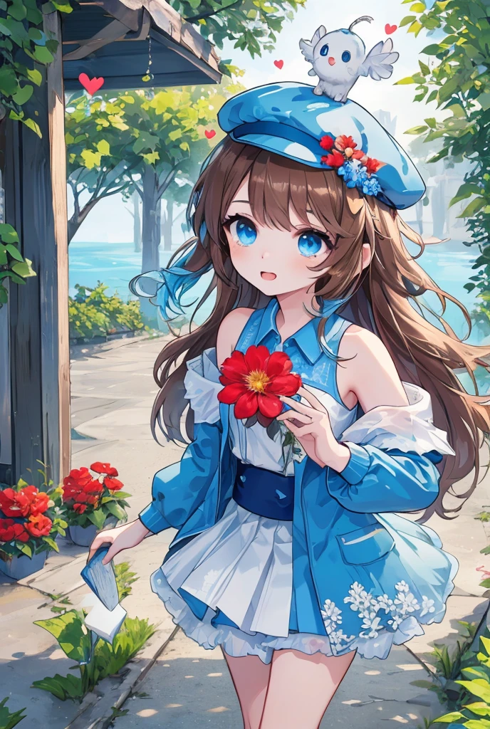 1 girl,  long hair, ( brown hair1.2), ( blue hair0.9),  blue eyes, cute face,  looking at the camera,  ((big red flower on the head)), white cap with blue, ((white cap)), [[blue cap]] Blue dress  (( blue shirt )), [[ white shirt ]], anime shirt, heart type, sleeveless, whithout shoulder shirt, white tennis shoes, whithout jacket, standing.