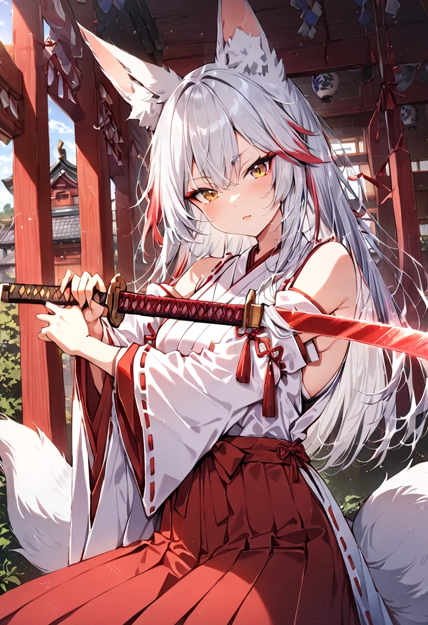 ((masterpiece, best quality, ultra detailed, high resolution, detailed facial description)), (solo, 1 noble woman:1.3), (miko, hakama skirt, detached sleeves), (fox ears, fox, tail), (long white hair, red gradation color hair:1.3), (tsurime:1.3, fox eyes), (red eyeliner), (holding katana, unsheathing,:1.3, slashing:1.3), looking at viewer, (Japanese traditional shrine)