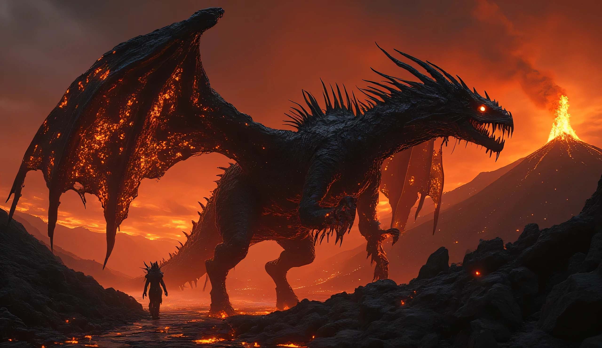 A great huge lava dragon resembling a tyrannosaurus. It is covered with black adamantium, and large black spikes protrude from it. The skin is dotted with lava burning veins. Two colossal wings of fire. The skin is covered with lava. His glowing eyes are burning. He walks among mountains and erupting volcanoes. Lava. Horror, apocalypse, nightmare.