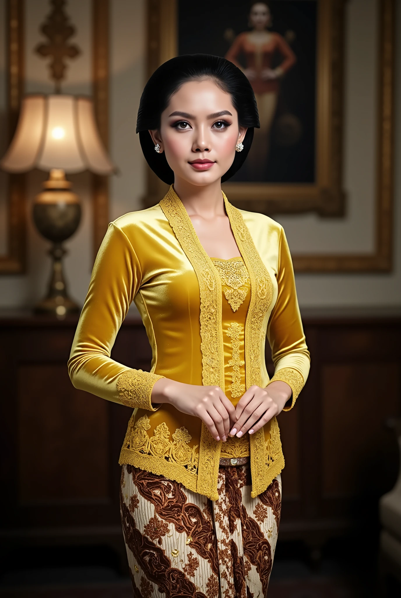 a beautiful young beautiful woman in an indoor setting. She is wearing an intricate gold glossy latex kebaya with lace embroidery patterns along the front and sleeves, paired with a traditional brown and cream batik thigh skirt with complex floral and geometric designs. Her hair is styled in a neat and polished low bun with a center part, and she has a calm. The background consists of a luxury room atmosphere. The overall image has realistic detailing, soft shadows, and vibrant color contrast.
